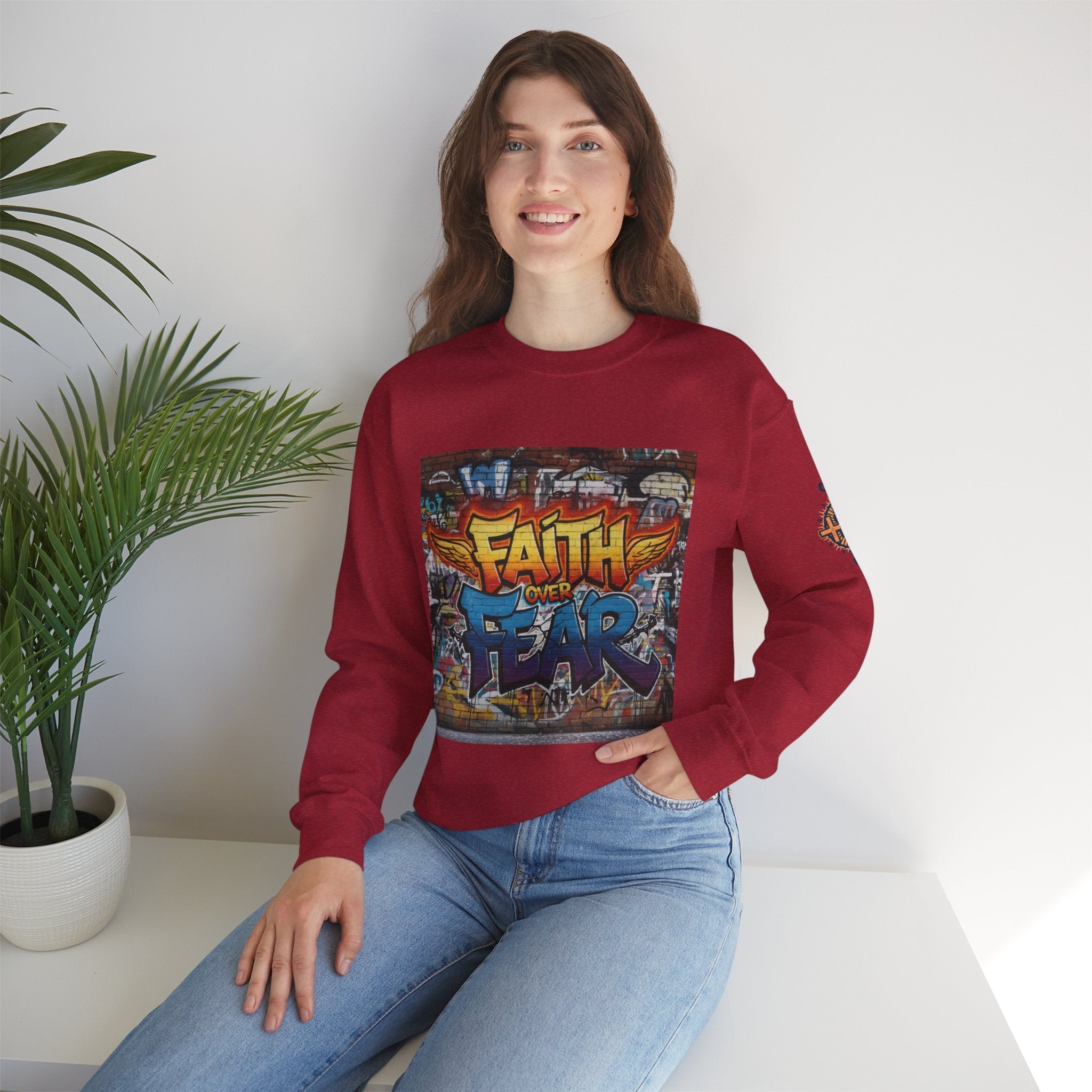 Faith Over Fear Sweatshirt – Graffiti Wall Christian Sweatshirt for Bold 2 Corinthians 5:7 Streetwear & Unshakable Faith Printify