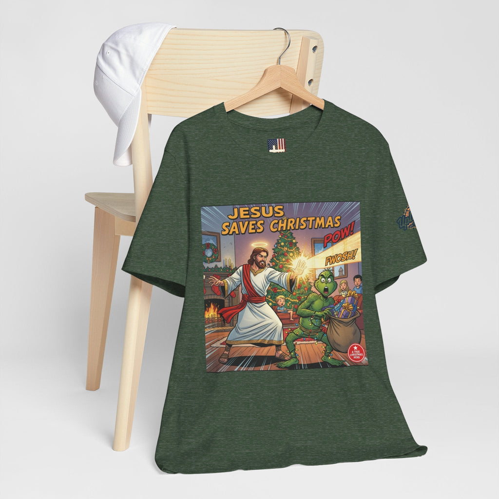 Jesus Saves Christmas T-shirt – Grinch vs Savior Light Battle Christian T-shirt for Hilarious Holiday Faith & True Joy Printify