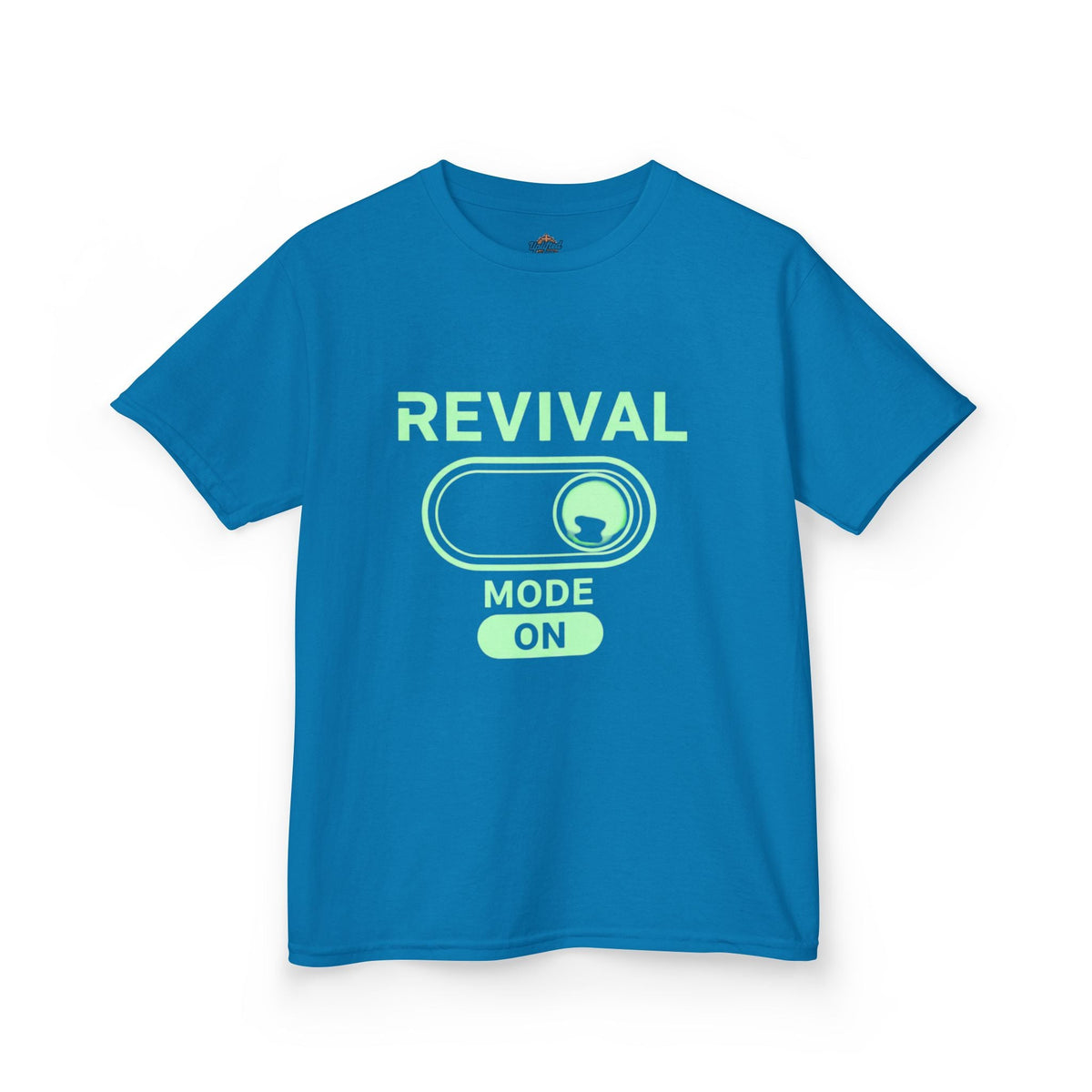 🔥 Revival Mode: ON – Christian Techwear Kids T-Shirt | Glowing Green Faith Switch | Futuristic Jesus Shirt | Activate Your Spiritual Awakening | Uplifted Gear Printify