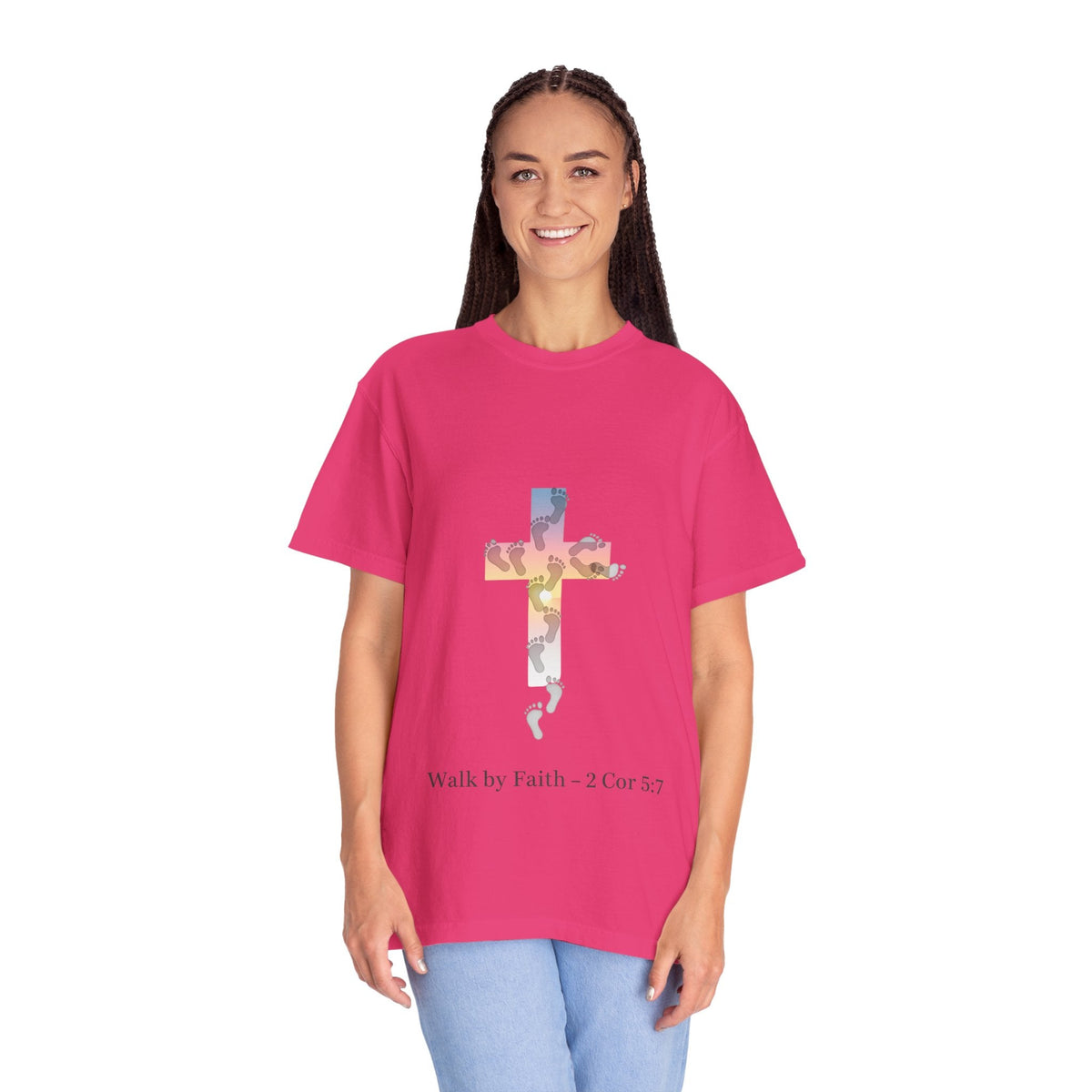 Walk by Faith T-Shirt – Cross & Footprints Christian Tee for Bold Believers Printify