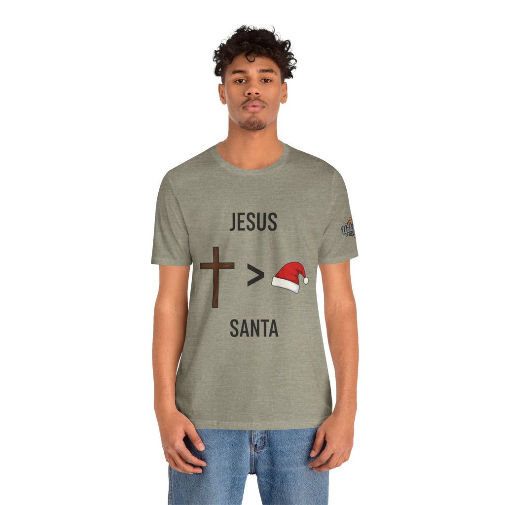 🎄 Jesus > Santa – Minimalist Christian Christmas T-Shirt | Bold Faith Over Holiday Tee | Cross vs Santa Hat Design | Uplifted Gear Printify