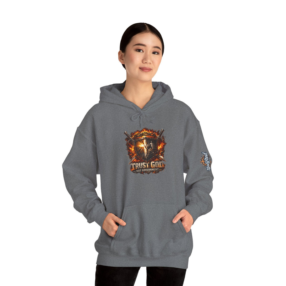 Trust God Not Government Shield Hoodie — Patriotic Christian Faith Hoodie Printify