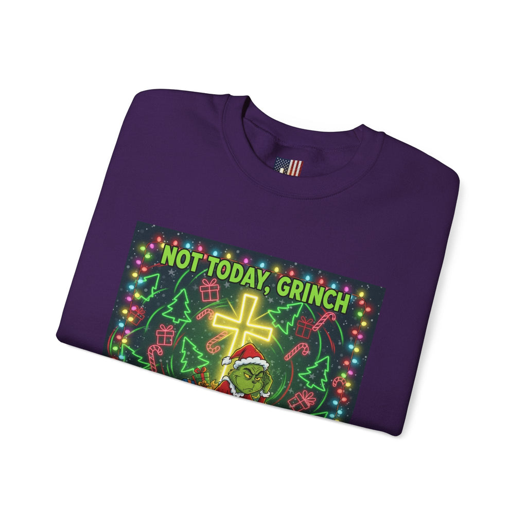 🎄 Not Today, Grinch – Jesus Saves | Funny Christian Christmas Sweatshirt | Festive Green & Red Cartoon Style | Bold Faith Holiday Tee by Uplifted Gear Printify