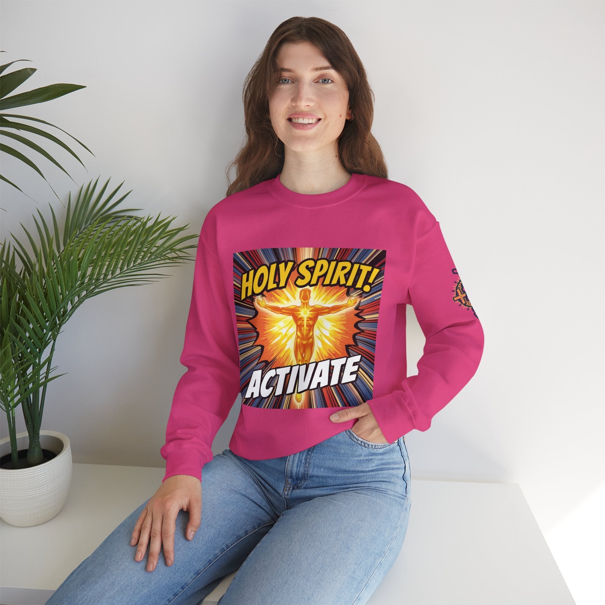 Holy Spirit Activate Sweatshirt – Superhero Christian Sweatshirt with Vibrant Power-Up Design for Faith-Fueled Boldness Printify