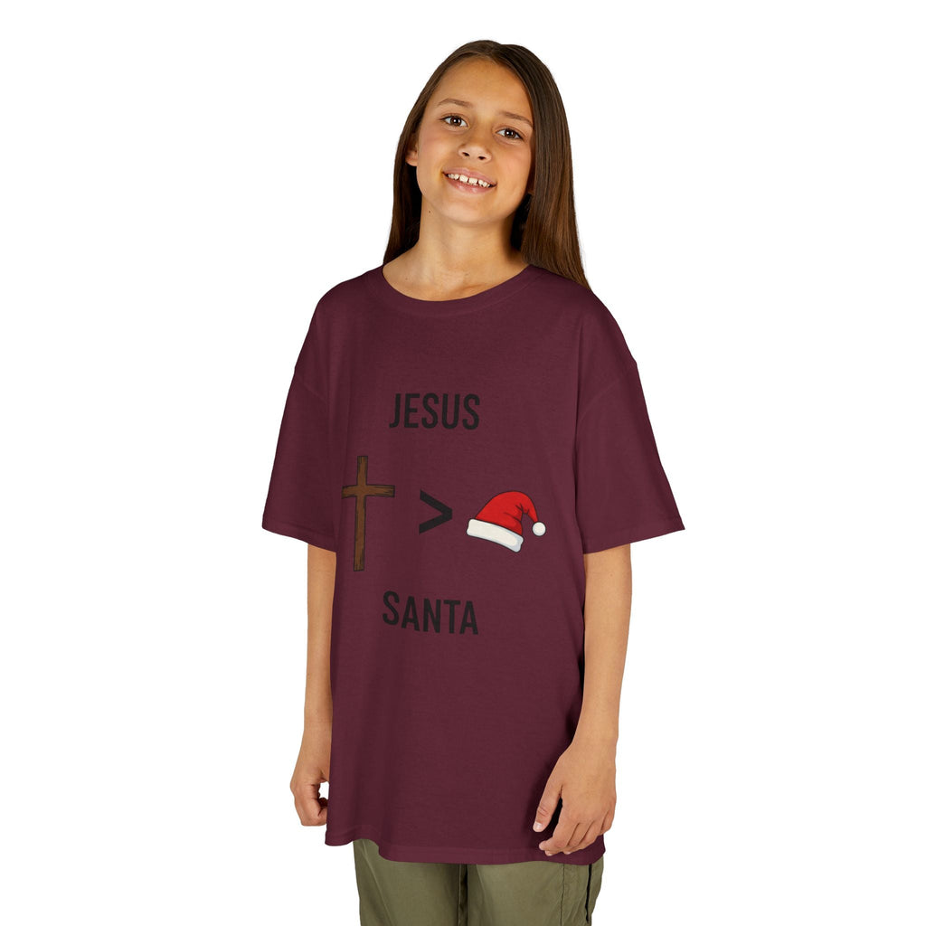 🎄 Jesus > Santa – Minimalist Christian Christmas Kids T-Shirt | Bold Faith Over Holiday Tee | Cross vs Santa Hat Design | Uplifted Gear Printify