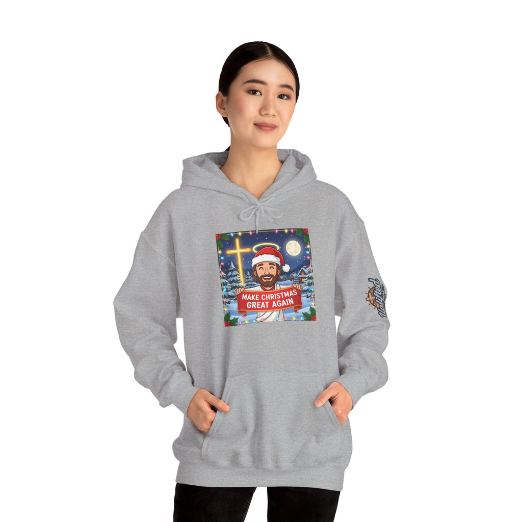 🎄 Make Christmas Great Again – Funny Christian Hoodie | Jesus Holding Banner | Faith-Based Holiday Parody Tee | Uplifted Gear Printify