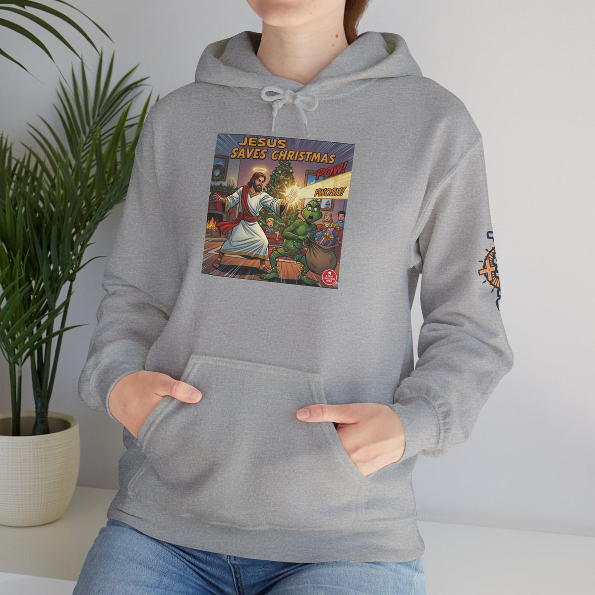 Jesus Saves Christmas Hoodie – Grinch vs Savior Light Battle Christian Sweatshirt for Hilarious Holiday Faith & True Joy Printify