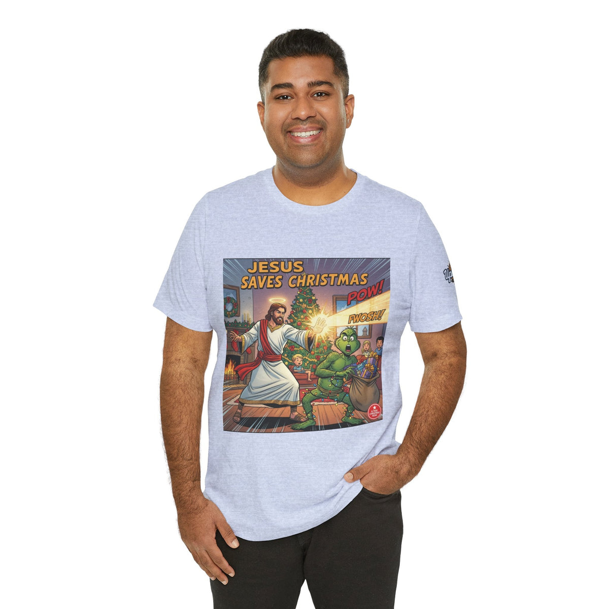 Jesus Saves Christmas T-shirt – Grinch vs Savior Light Battle Christian T-shirt for Hilarious Holiday Faith & True Joy Printify