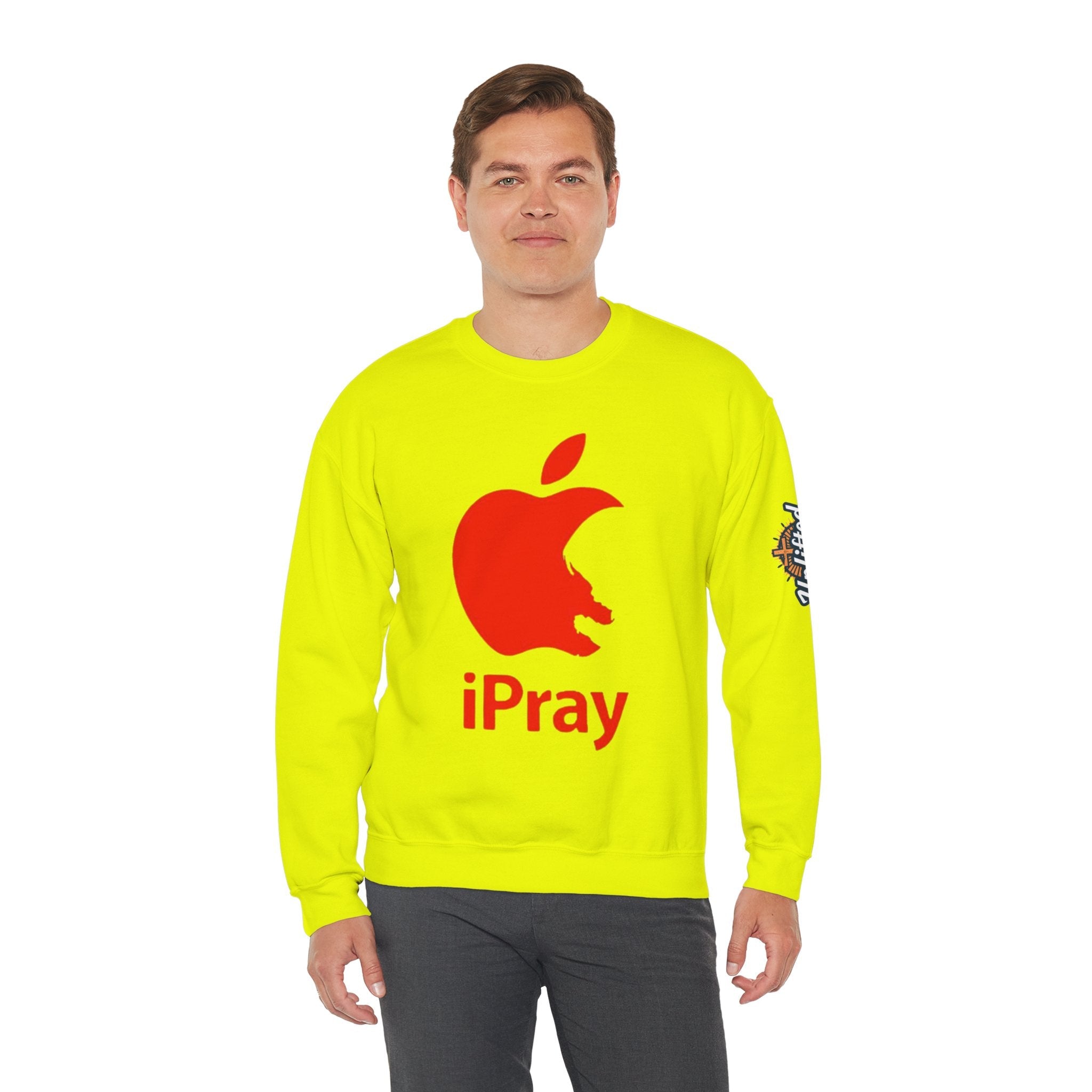 iPray Apple Logo Sweatshirt — Funny Christian Sweatshirt (Minimal Red Apple Graphic) Printify