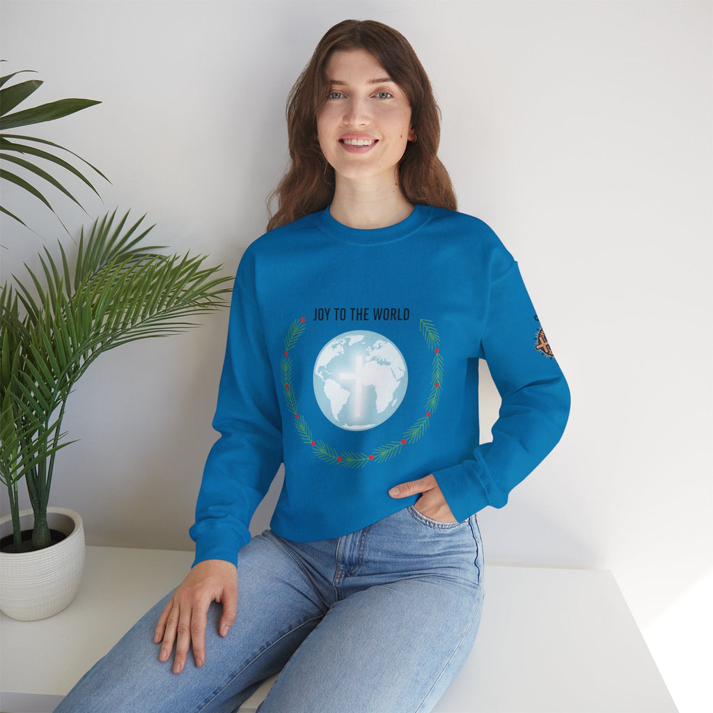 Joy to the World Sweatshirt – Wreath Earth Nativity Christian Christmas Sweatshirt for Isaiah 9:6 Holiday Faith & Festive Joy Printify