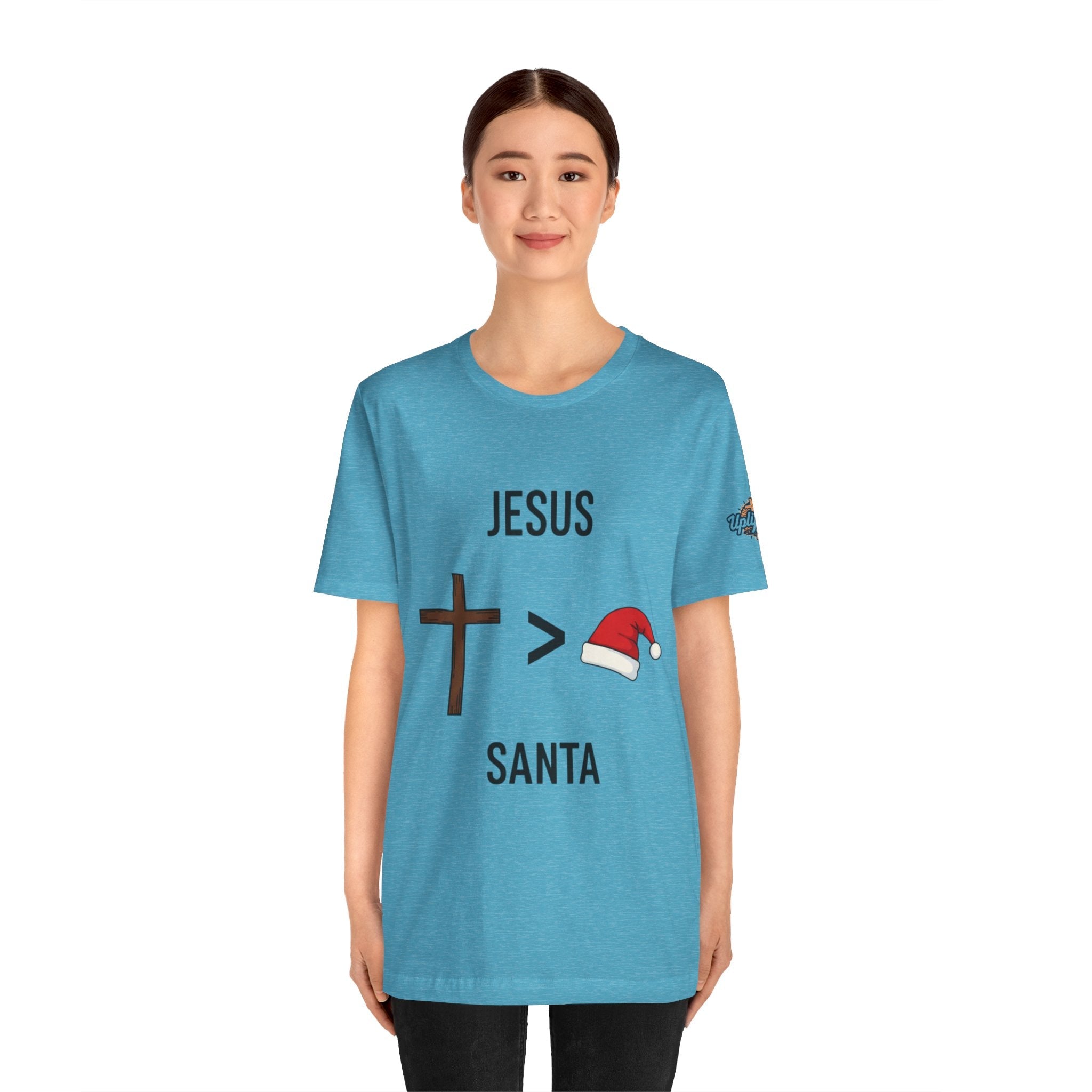 🎄 Jesus > Santa – Minimalist Christian Christmas T-Shirt | Bold Faith Over Holiday Tee | Cross vs Santa Hat Design | Uplifted Gear Printify