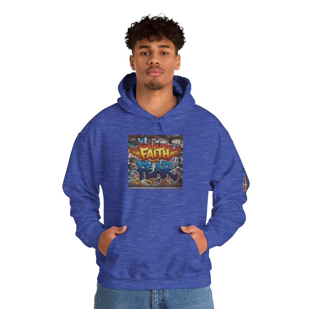 Faith Over Fear Hoodie – Graffiti Wall Christian Sweatshirt for Bold 2 Corinthians 5:7 Streetwear & Unshakable Faith Printify