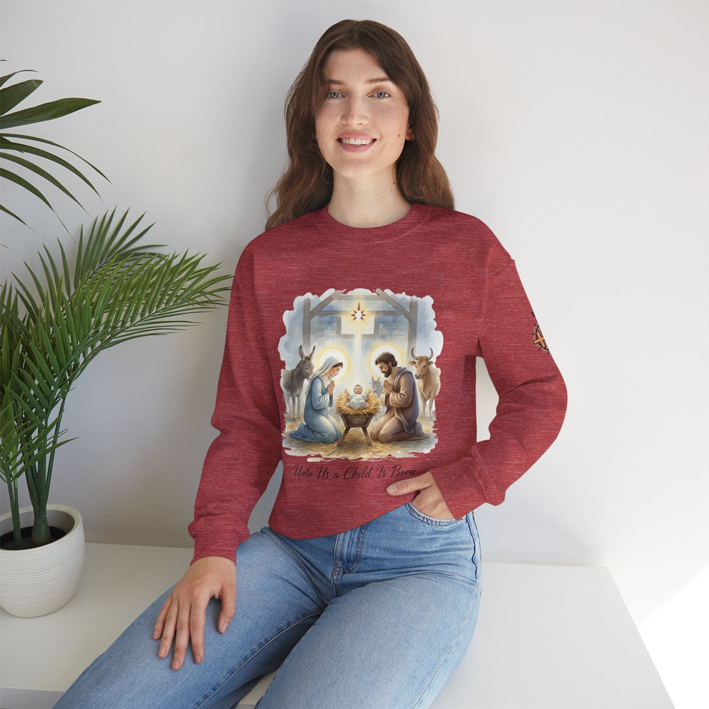 Unto Us a Child is Born Sweatshirt – Isaiah 9:6 Nativity Manger Scene Christian Christmas Sweatshirt for Holy Night Faith Printify