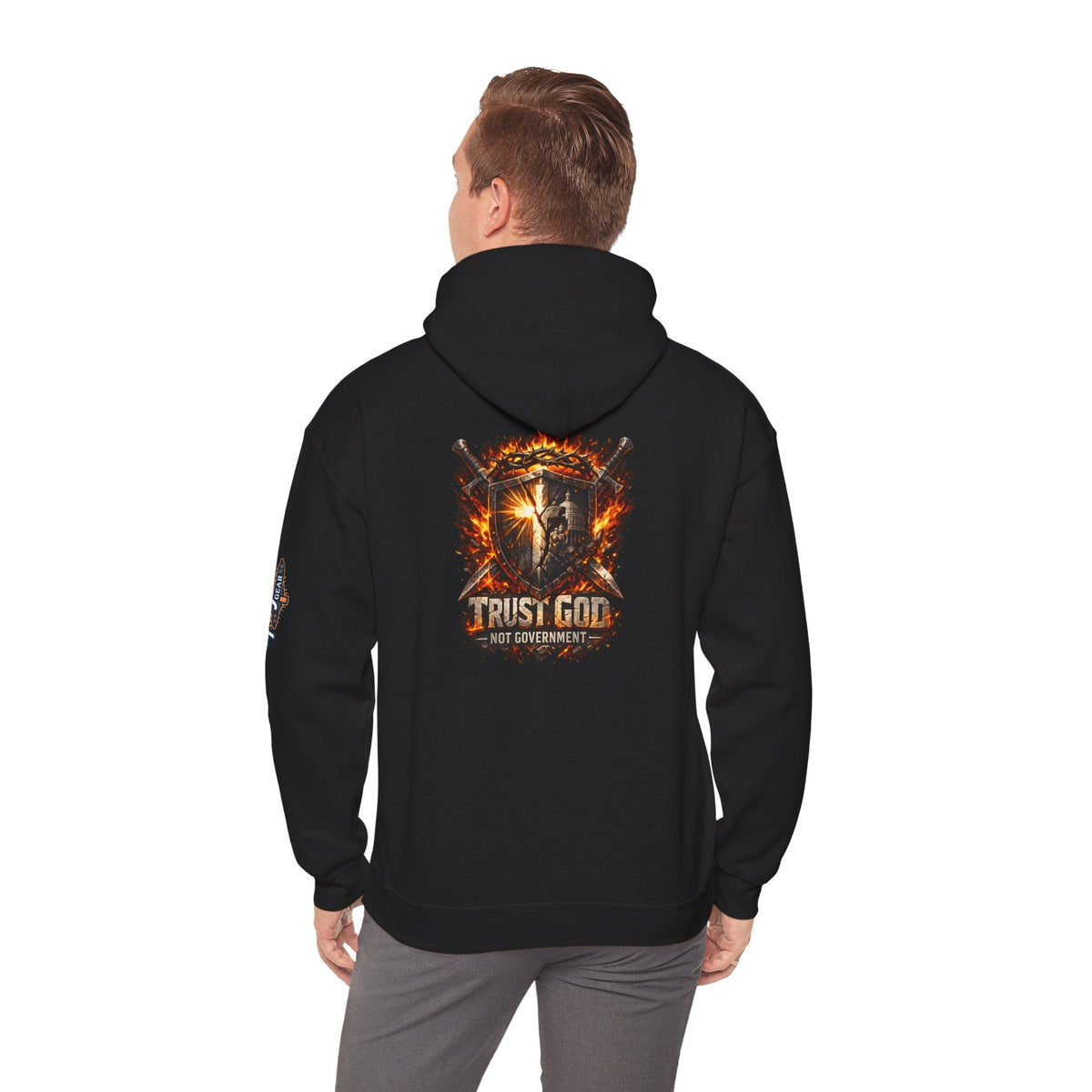 Trust God Not Government Shield Hoodie — Patriotic Christian Faith Hoodie Printify