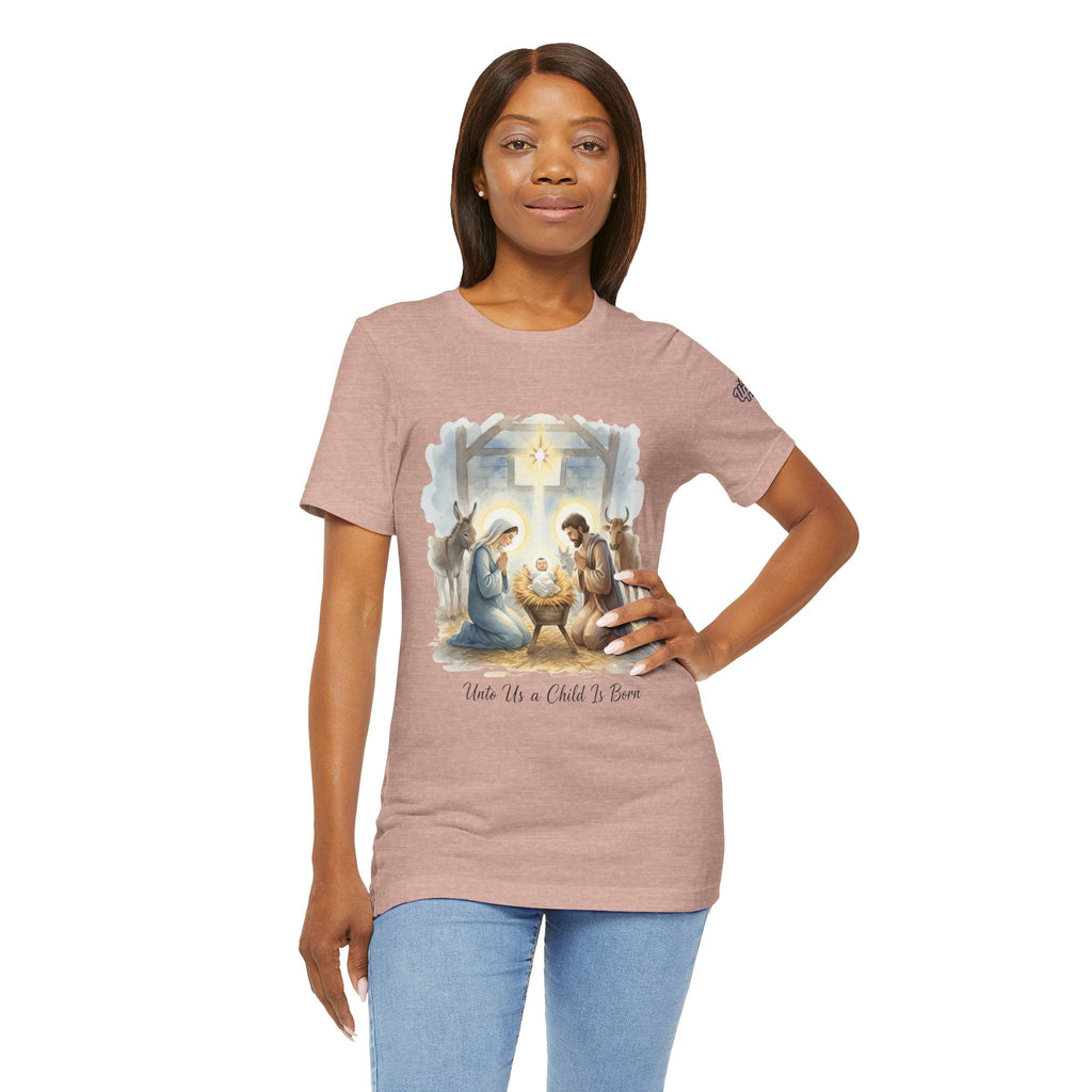 Unto Us a Child is Born T-shirt – Isaiah 9:6 Nativity Manger Scene Christian Christmas T-shirt for Holy Night Faith Printify