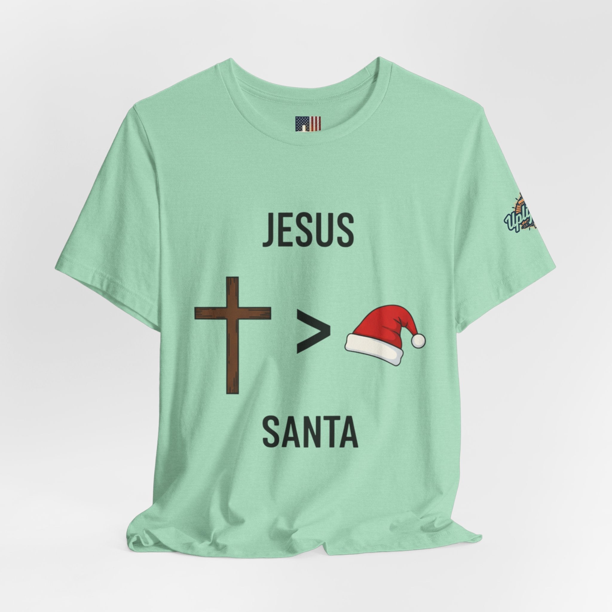 🎄 Jesus > Santa – Minimalist Christian Christmas T-Shirt | Bold Faith Over Holiday Tee | Cross vs Santa Hat Design | Uplifted Gear Printify