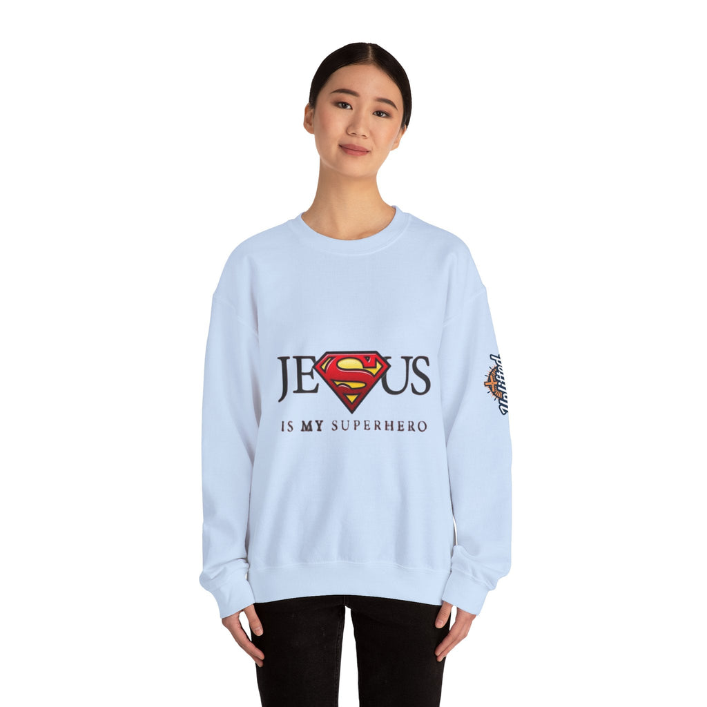 Jesus Is My Superhero Crewneck Sweatshirt Printify