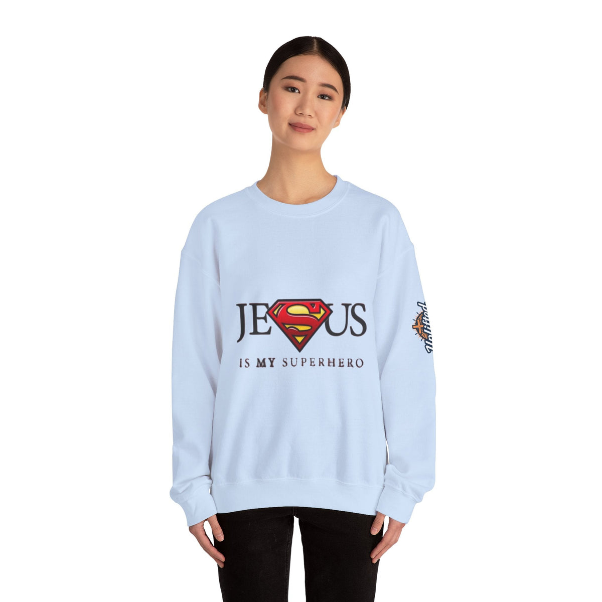 Jesus Is My Superhero Crewneck Sweatshirt Printify