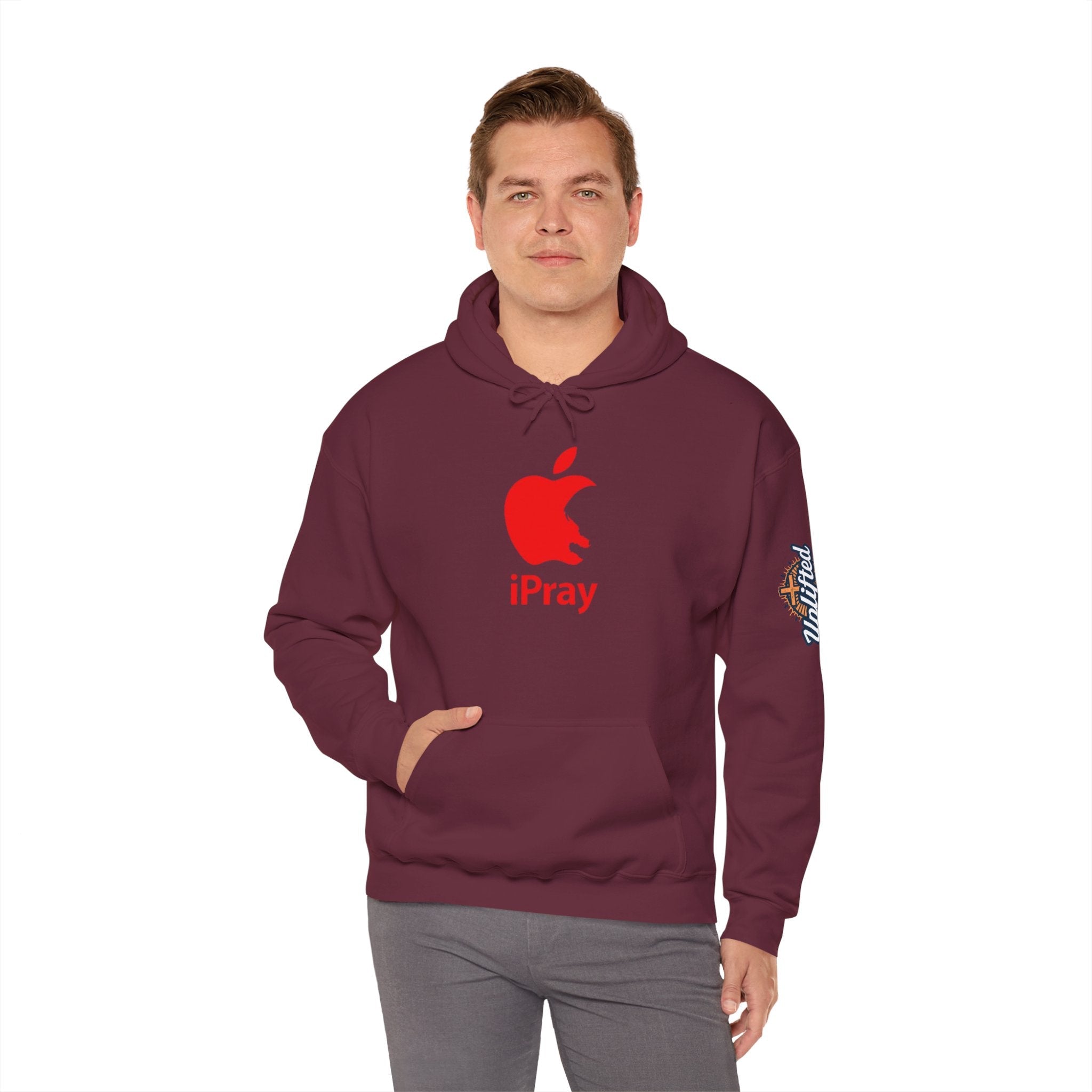iPray Apple Logo Hoodie — Funny Christian Hoodie (Minimal Red Apple Graphic) Printify