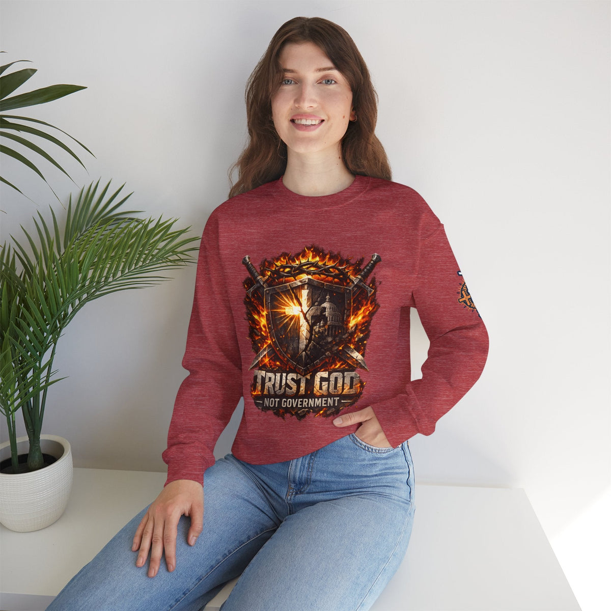 Trust God Not Government Shield Sweatshirt — Patriotic Christian Faith Sweatshirt Printify