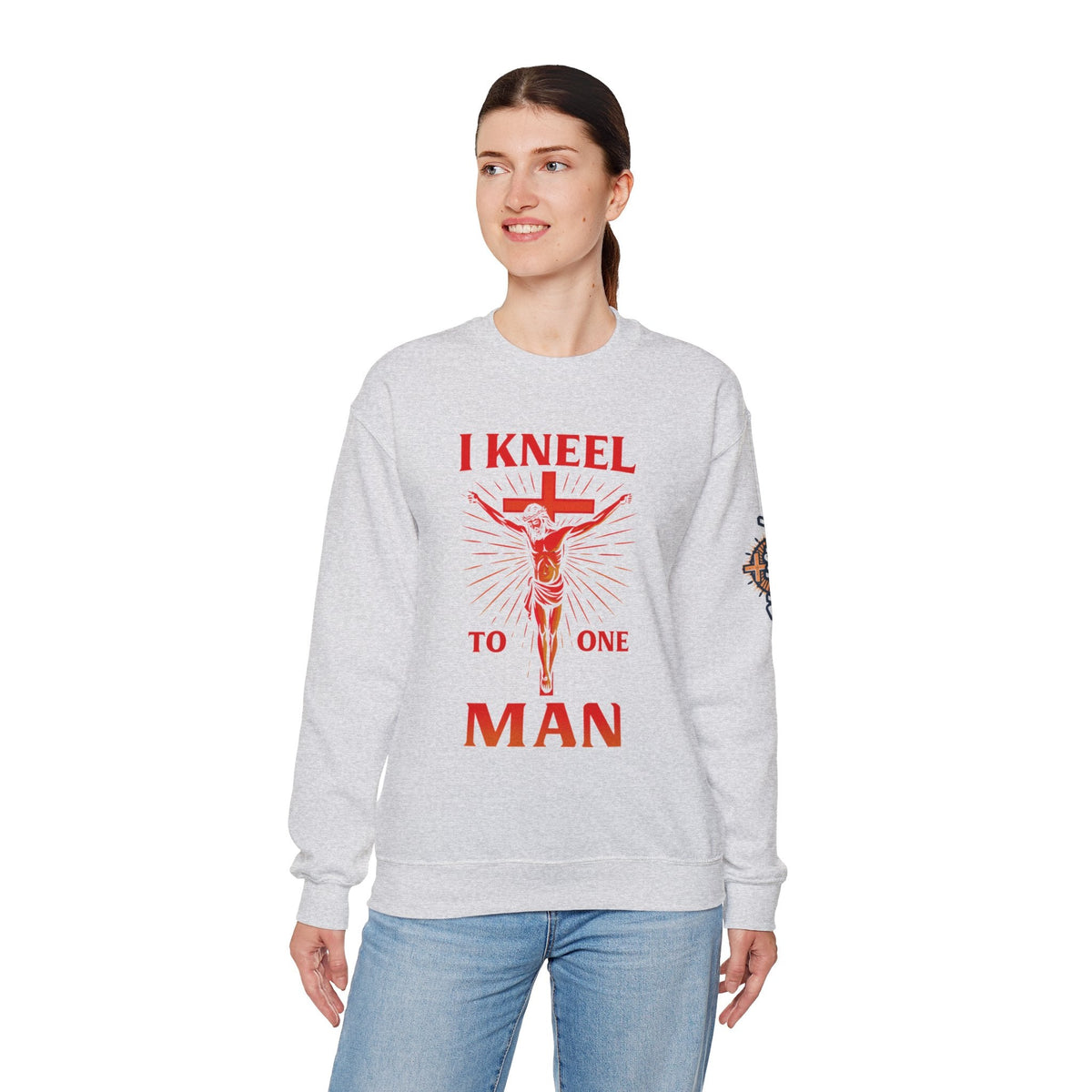 I Kneel to One Man Sweatshirt – Crucifixion Christian Sweatshirt for Unashamed Devotion & Bold Faith Printify