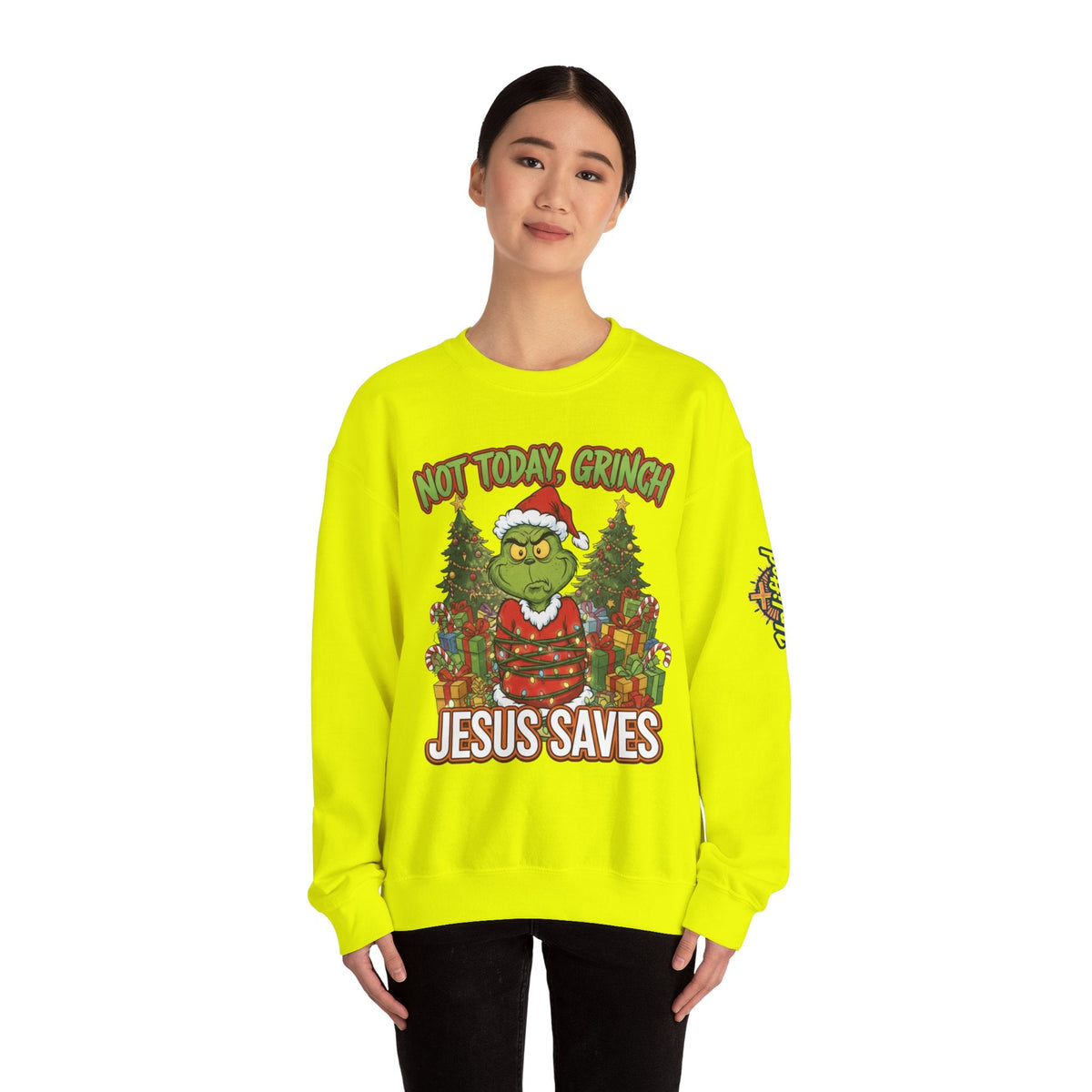 🎄 Not Today, Grinch – Jesus Saves | Funny Christian Christmas Sweatshirt | Sulking Grinch & Glowing Cross | Bold Neon Faith Tee by Uplifted Gear Printify