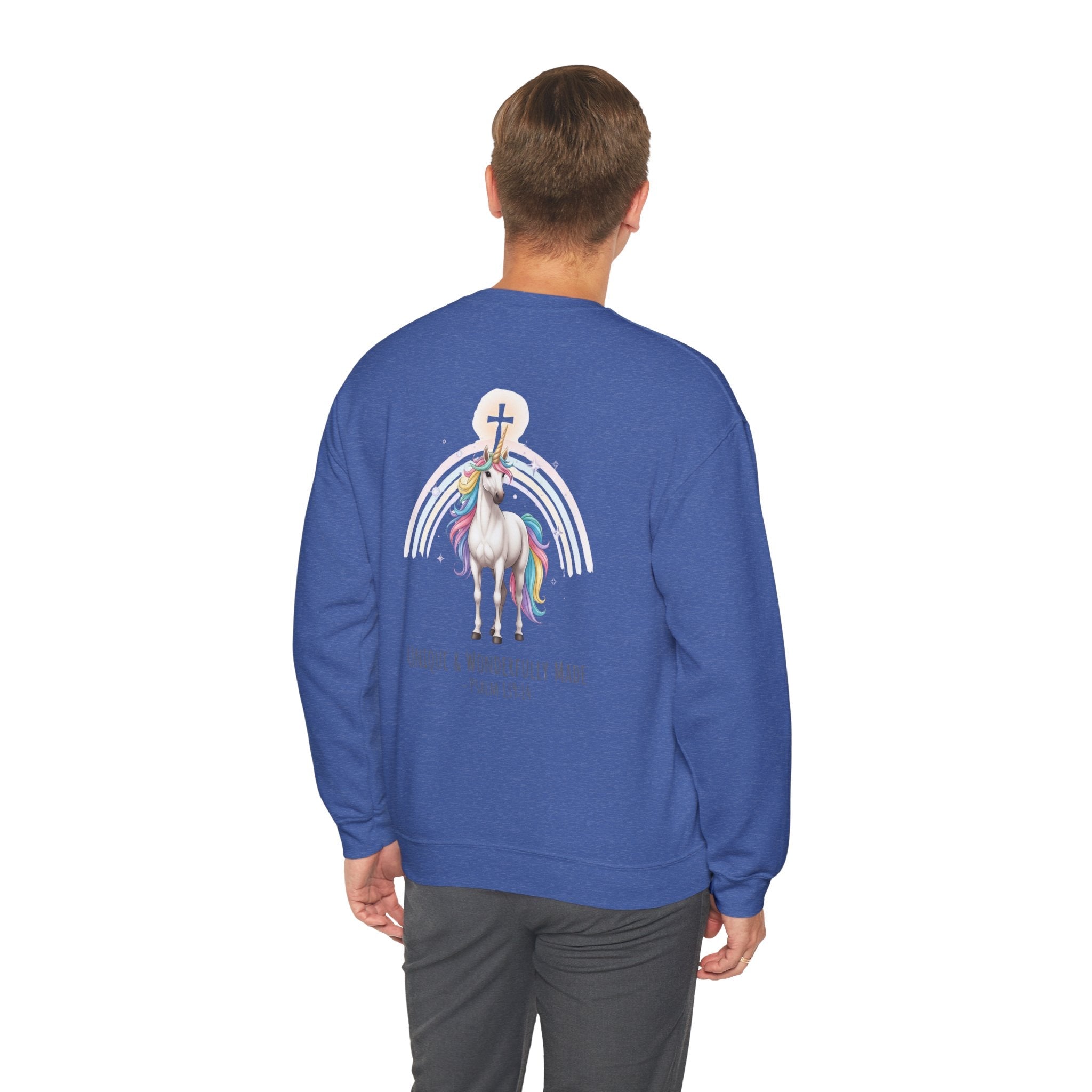 Unique Unicorn Sweatshirt – Rainbow Cross Psalm 139:14 Christian Sweatshirt for Wonderfully Made Printify