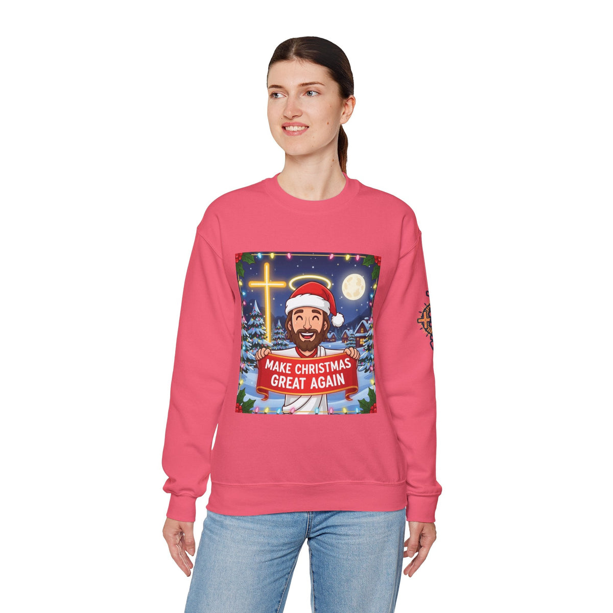 🎄 Make Christmas Great Again – Funny Christian Sweatshirt | Jesus Holding Banner | Faith-Based Holiday Parody Tee | Uplifted Gear Printify