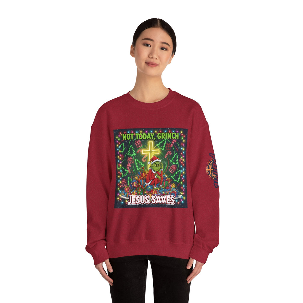 🎄 Not Today, Grinch – Jesus Saves | Funny Christian Christmas Sweatshirt | Festive Green & Red Cartoon Style | Bold Faith Holiday Tee by Uplifted Gear Printify