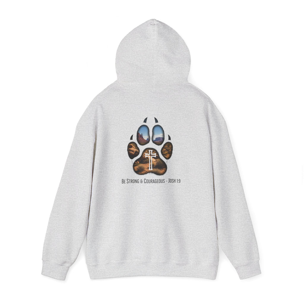 Strong and Courageous Hoodie – Joshua 1:9 Canine Pawprint Desert Christian Hoodie for Dog Lovers Printify