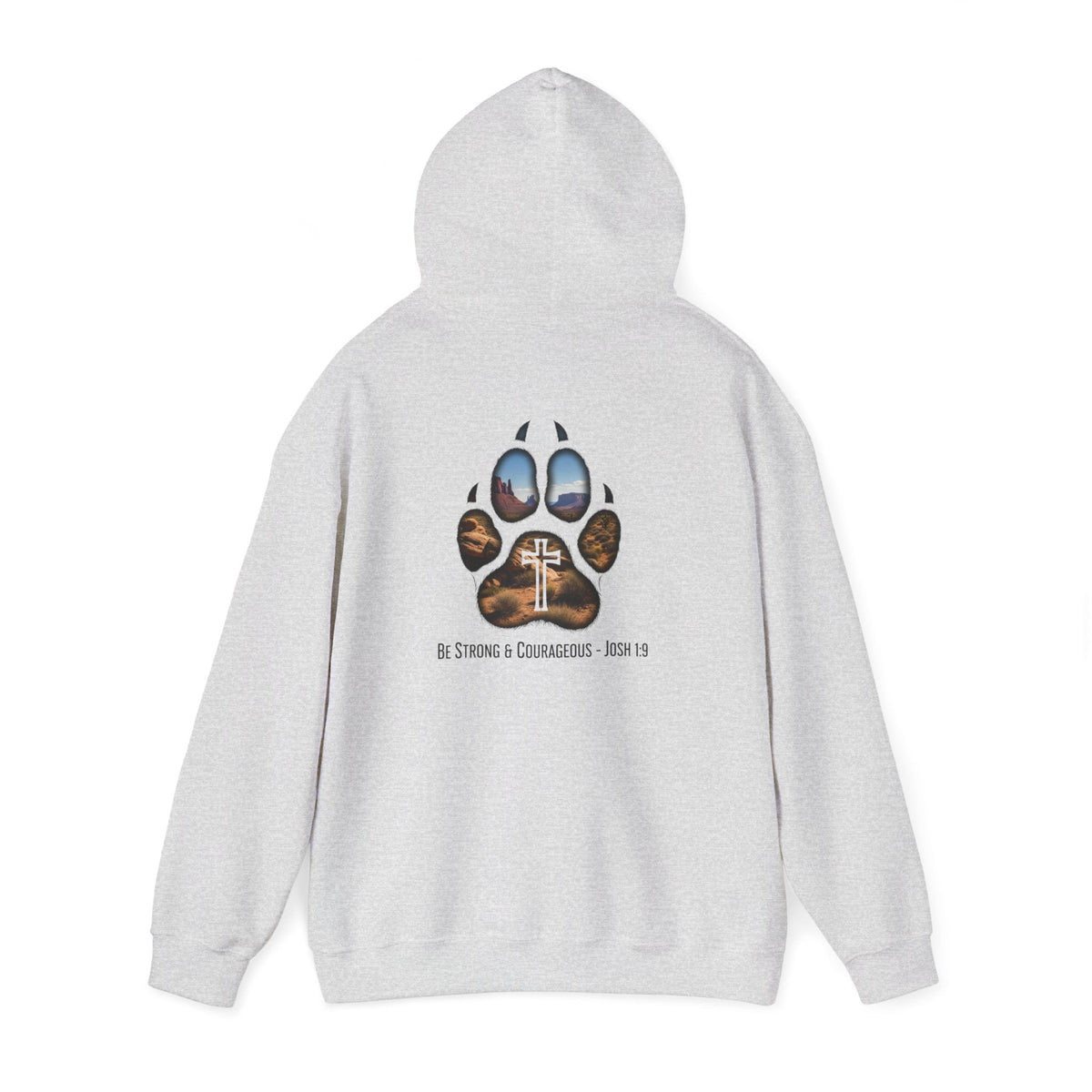Strong and Courageous Hoodie – Joshua 1:9 Canine Pawprint Desert Christian Hoodie for Dog Lovers Printify