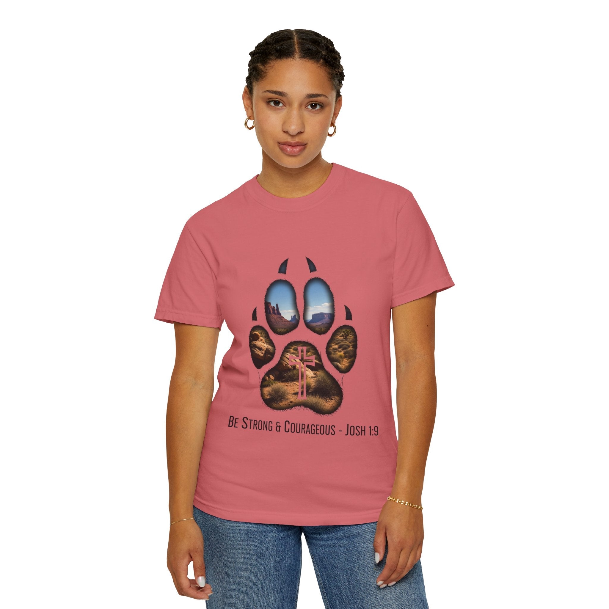 Strong and Courageous T-Shirt – Canine Pawprint Desert Joshua 1:9 Christian Tee Printify