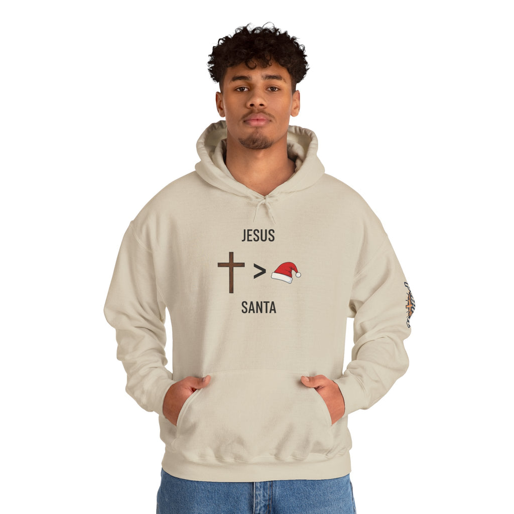 🎄 Jesus > Santa – Minimalist Christian Christmas Hoodie | Bold Faith Over Holiday Tee | Cross vs Santa Hat Design | Uplifted Gear Printify