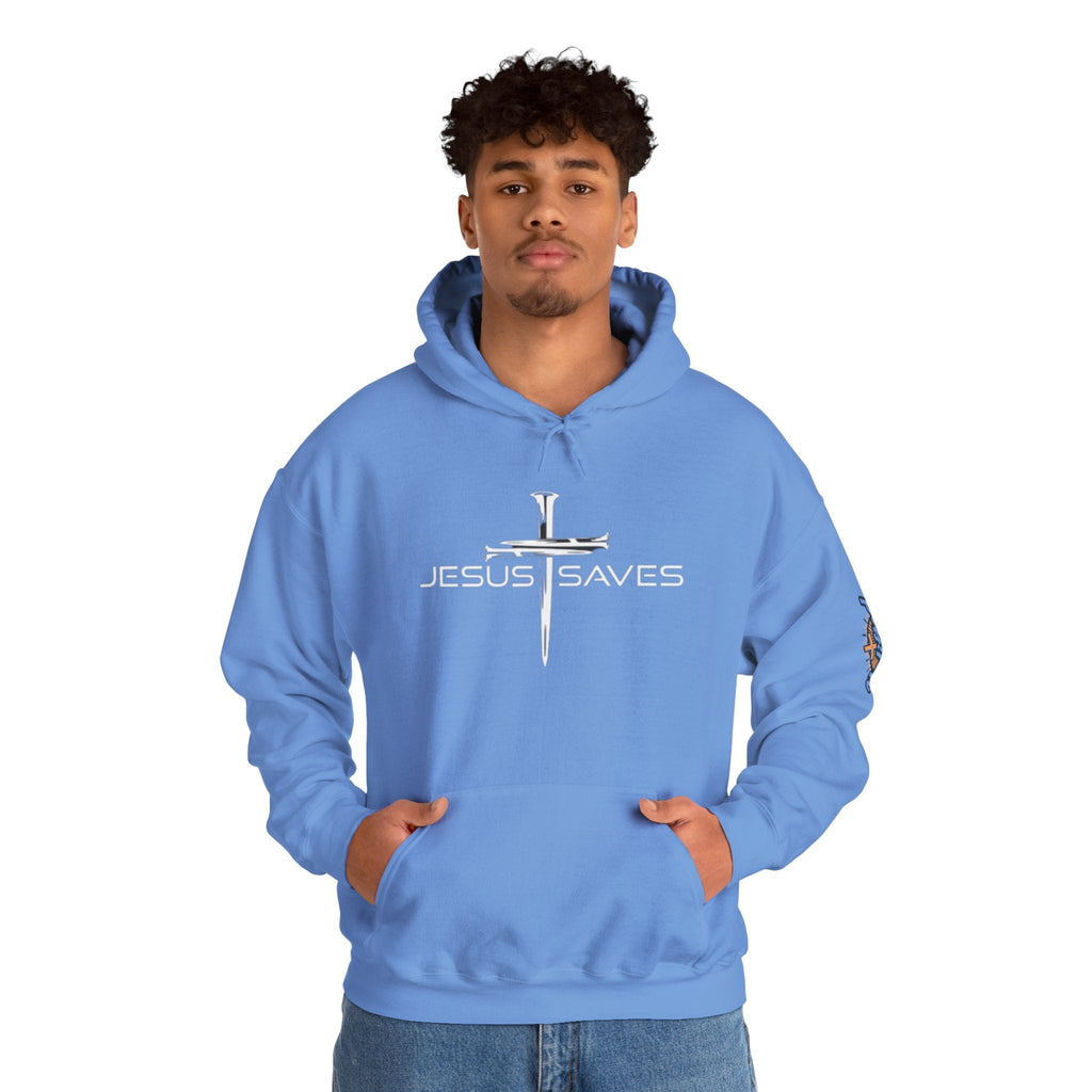 Jesus Saves Hoodie – 3 Nails Crucifix Cross Christian Sweatshirt for Redemption Faith & Bold Salvation Printify