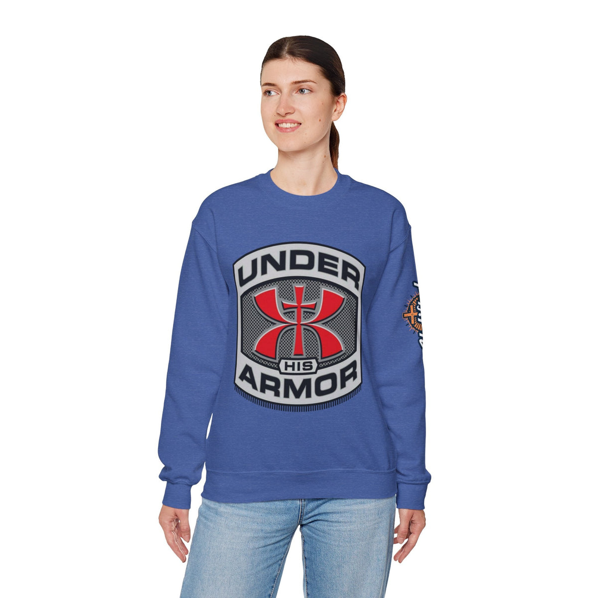Under His Armor Crewneck Sweatshirt — Christian Faith Graphic Pullover Printify