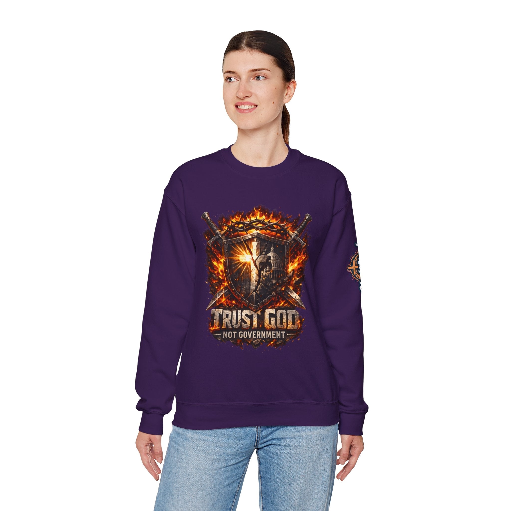 Trust God Not Government Shield Sweatshirt — Patriotic Christian Faith Sweatshirt Printify