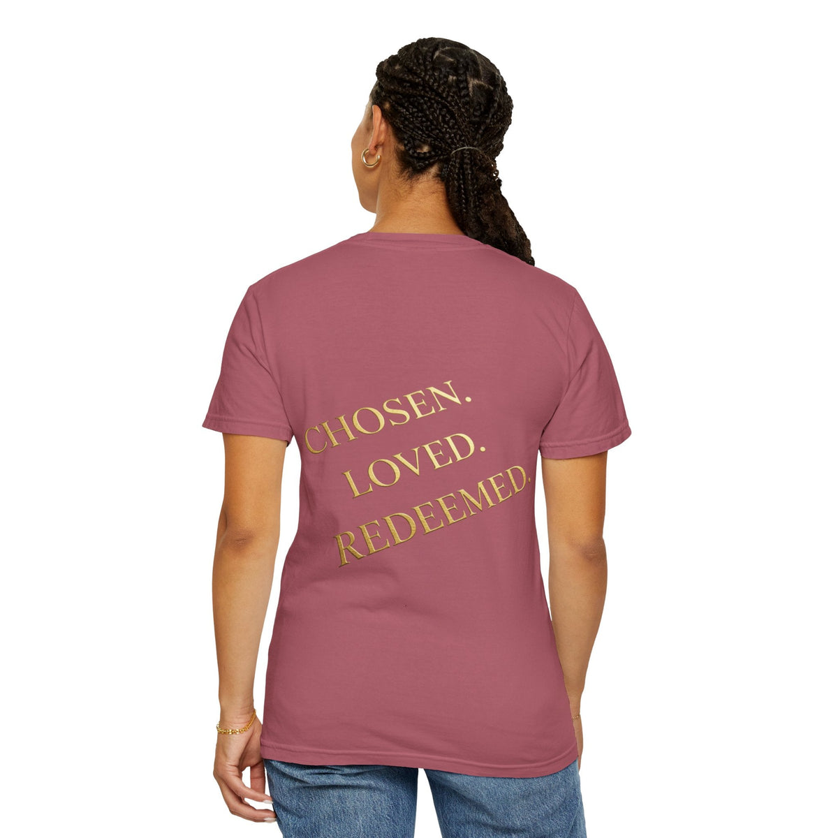 ✨ Chosen. Loved. Redeemed. – Elegant Christian T-Shirt | Gold Foil Faith Tee | Subtle Cross & Heart Design | Inspirational Bible Verse Apparel by Uplifted Gear Printify