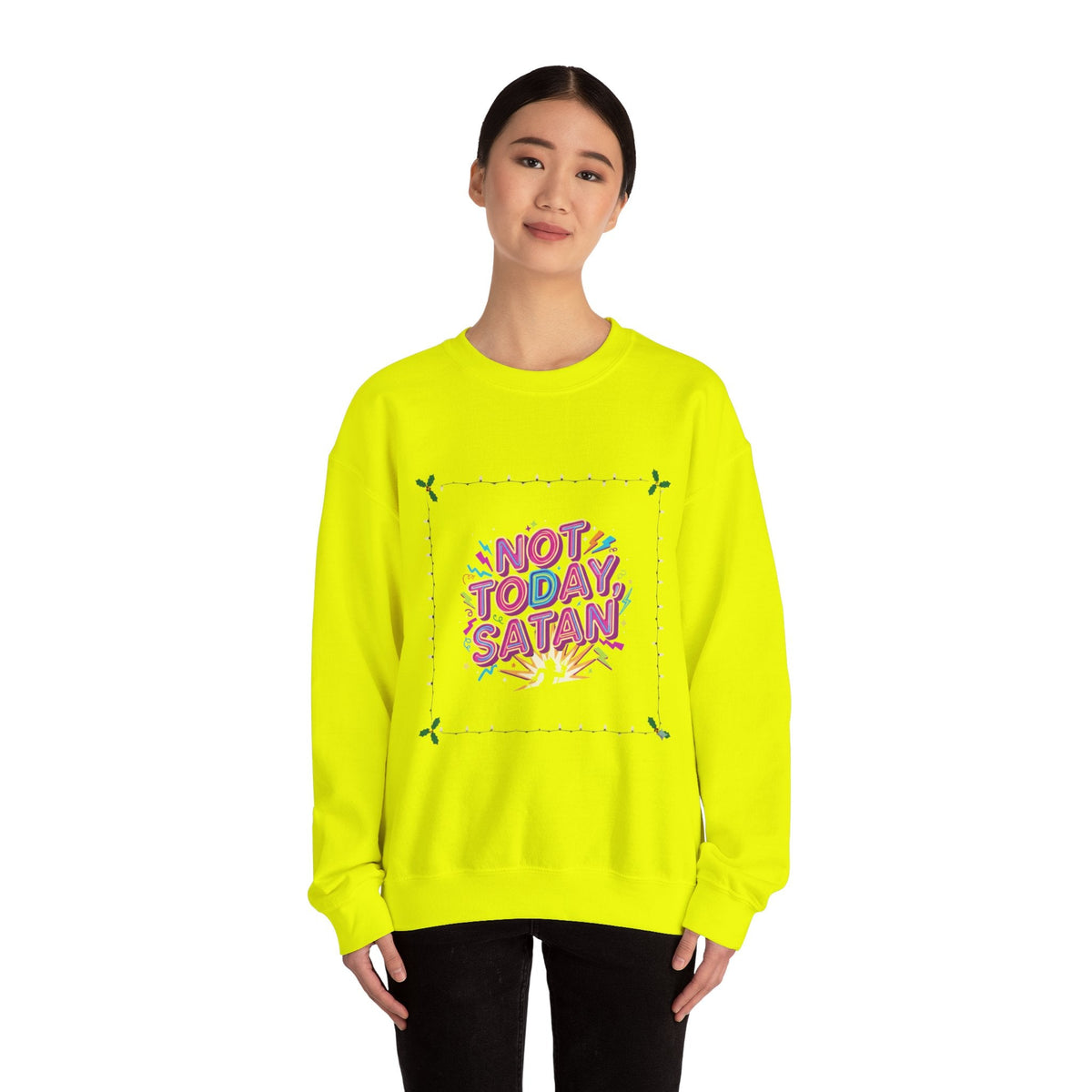 🔥 Not Today, Satan – Retro 90s Christian Sweatshirt | Neon Faith Tee | Funky Cartoon Devil | Bold Bible Verse Shirt | Uplifted Gear Printify