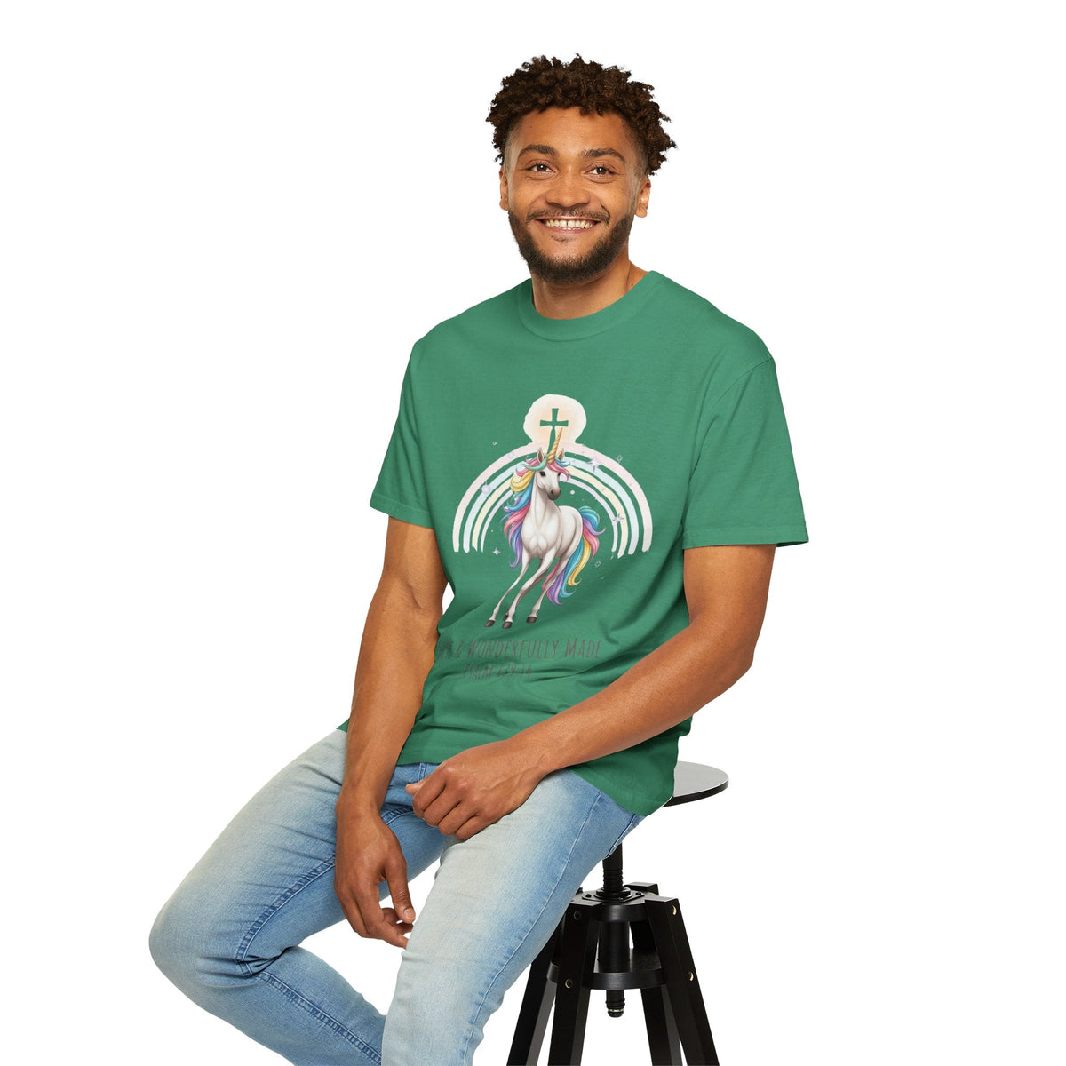 Unique Unicorn Christian T-Shirt – Wonderfully Made with Rainbow Cross & Psalm 139:14 Printify