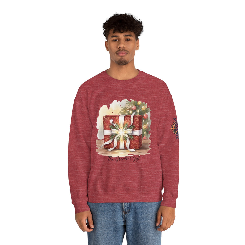 The Greatest Gift Sweatshirt – Cross Bow Present Christian Sweatshirt for Christmas Salvation & Eternal Faith Printify