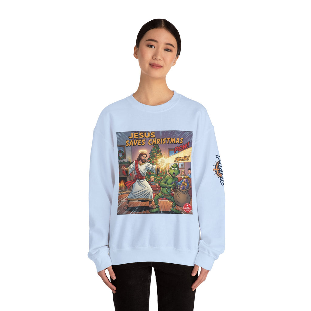 Jesus Saves Christmas Sweatshirt – Grinch vs Savior Light Battle Christian Sweatshirt for Hilarious Holiday Faith & True Joy Printify