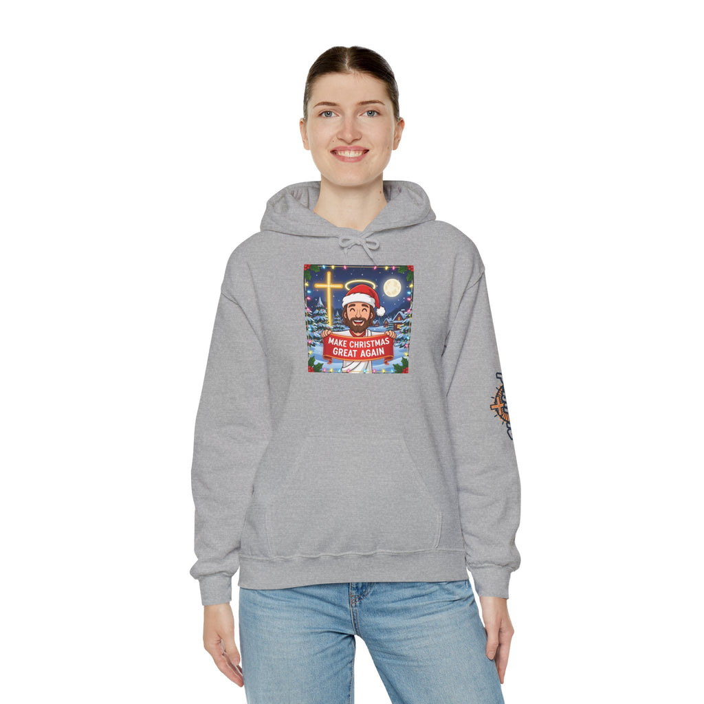 🎄 Make Christmas Great Again – Funny Christian Hoodie | Jesus Holding Banner | Faith-Based Holiday Parody Tee | Uplifted Gear Printify