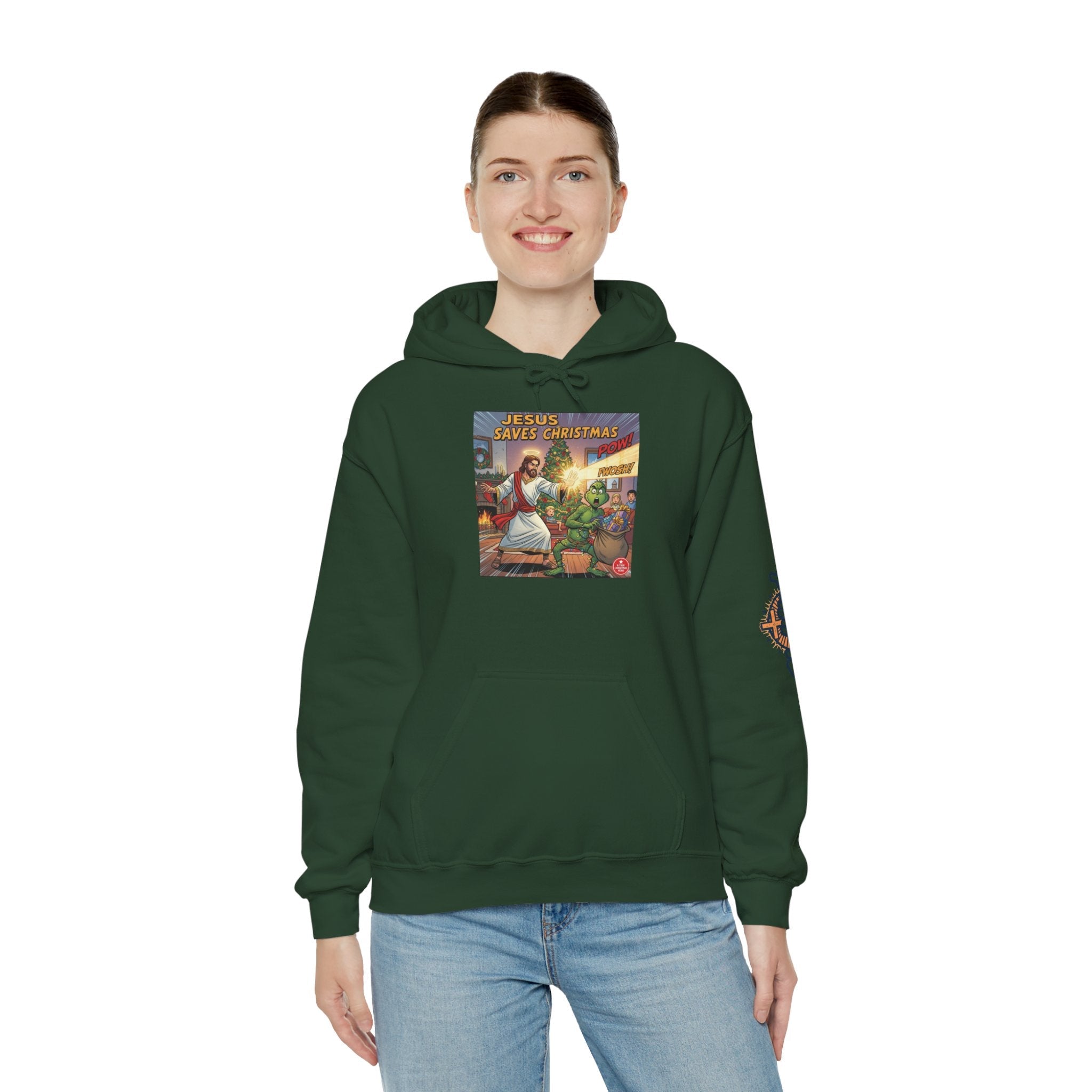 Jesus Saves Christmas Hoodie – Grinch vs Savior Light Battle Christian Sweatshirt for Hilarious Holiday Faith & True Joy Printify
