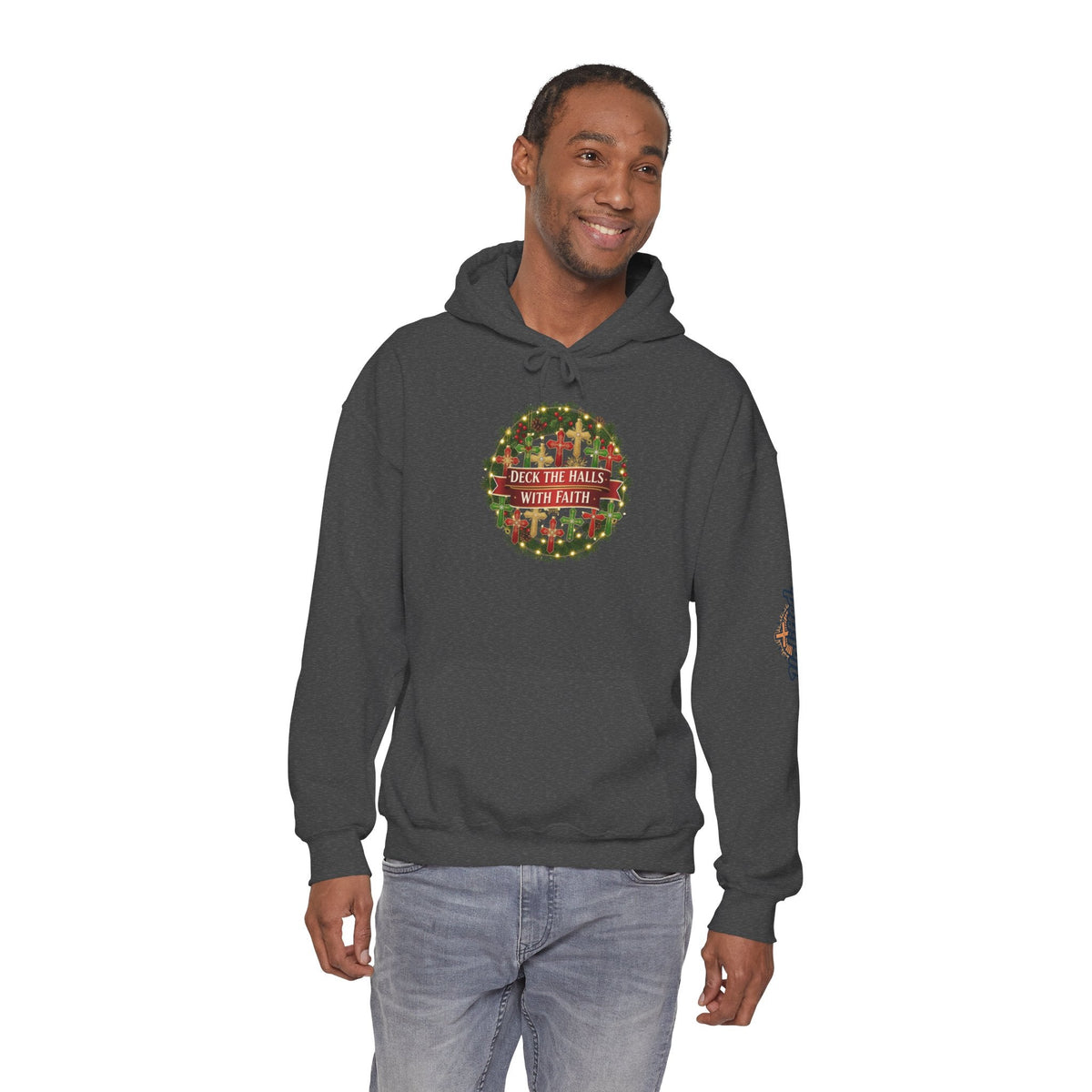 🎄 Deck the Halls with Faith – Christian Christmas Hoodie | Cross Ornament Design & Festive Garland | Bold Holiday Faith Tee by Uplifted Gear Printify
