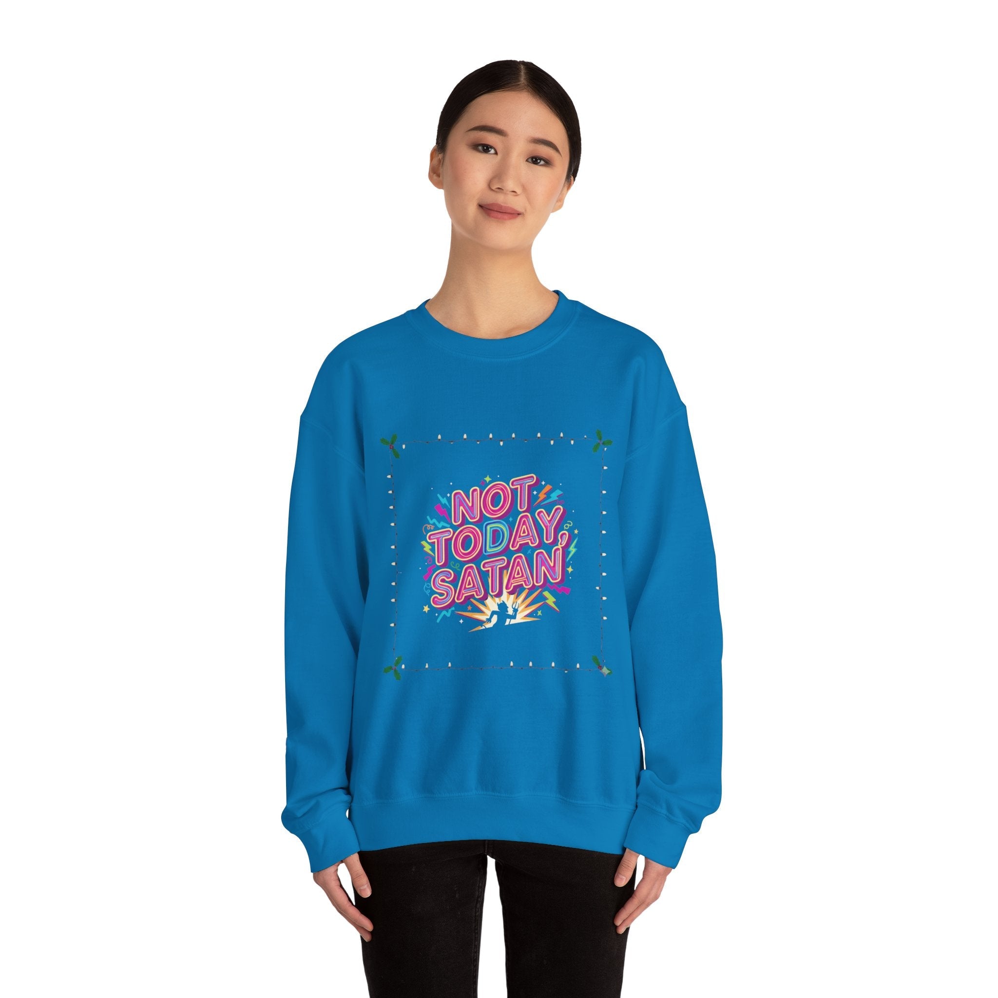 🔥 Not Today, Satan – Retro 90s Christian Sweatshirt | Neon Faith Tee | Funky Cartoon Devil | Bold Bible Verse Shirt | Uplifted Gear Printify