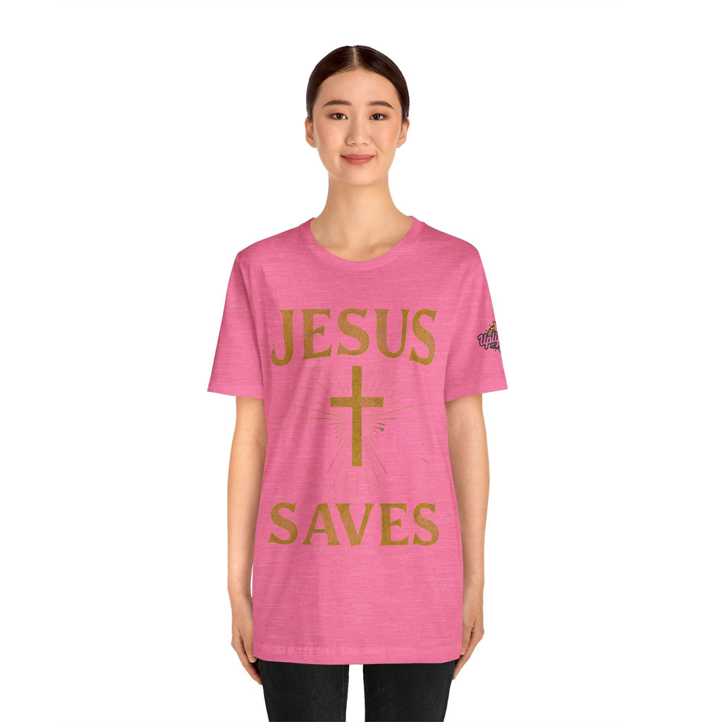 Jesus Saves T-shirt – Radiant Cross & Rays of Light Christian T-shirt for Eternal Hope & Faith Printify