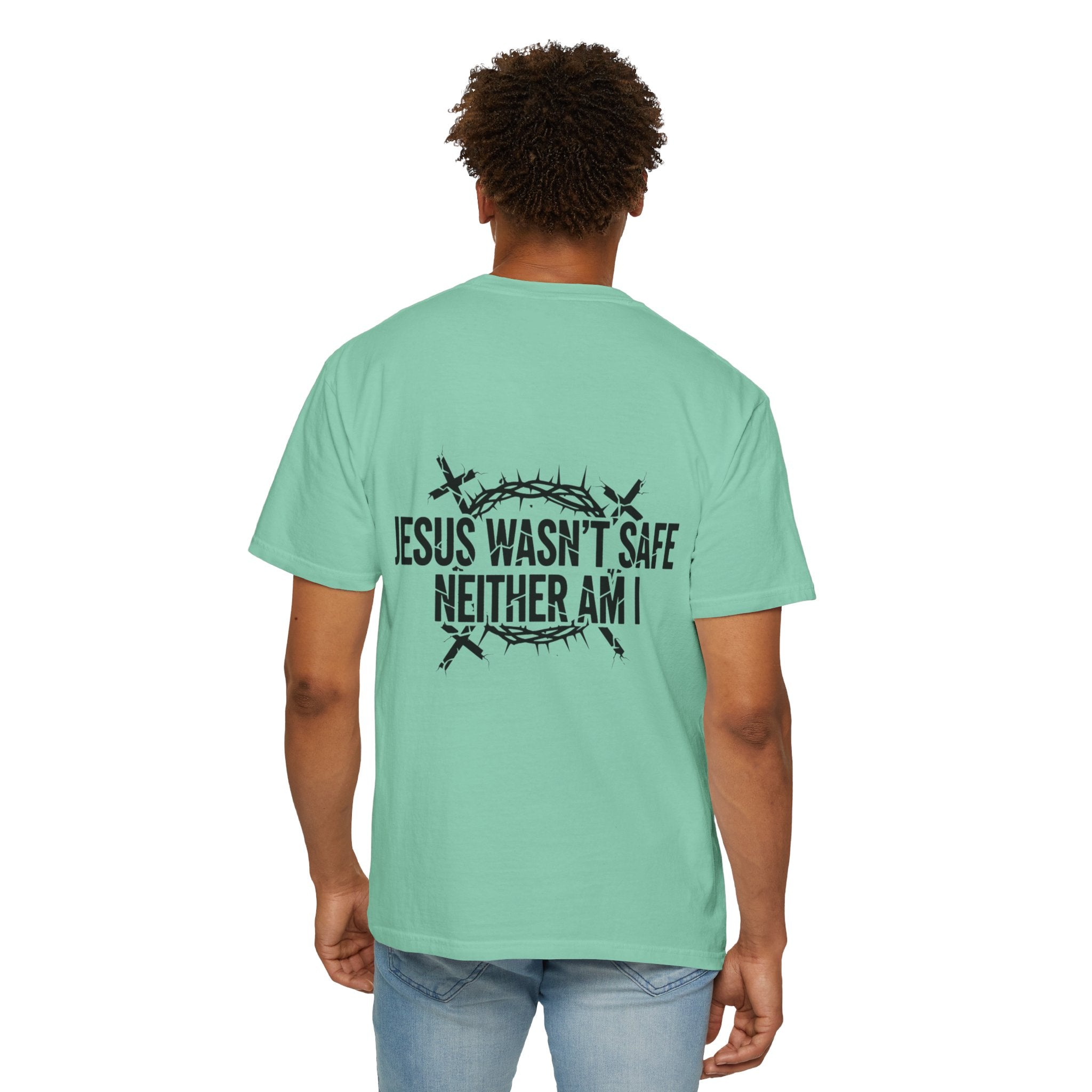 ⚡ Jesus Wasn’t Safe – Neither Am I | Bold Christian T-Shirt | Storm-Walking Faith Tee | Minimalist Black & White Design | Uplifted Gear Printify