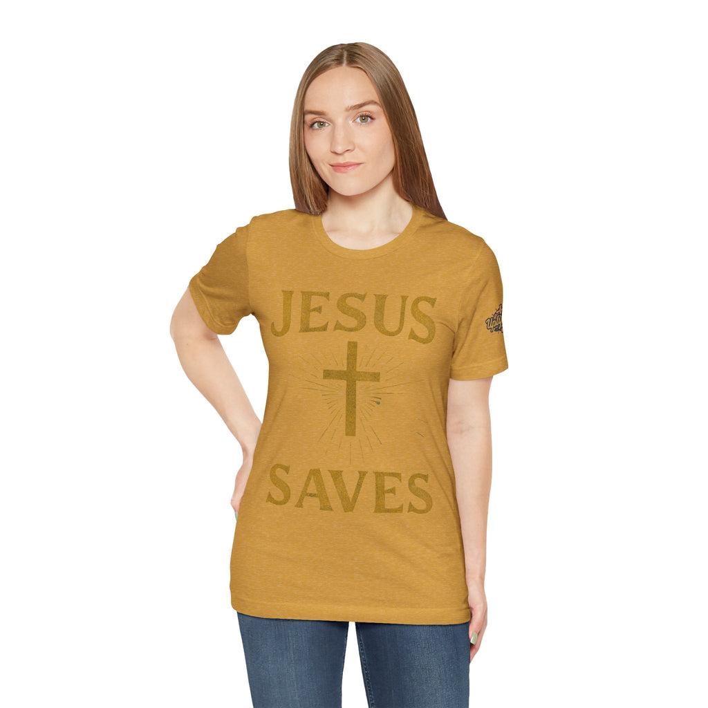 Jesus Saves T-shirt – Radiant Cross & Rays of Light Christian T-shirt for Eternal Hope & Faith Printify