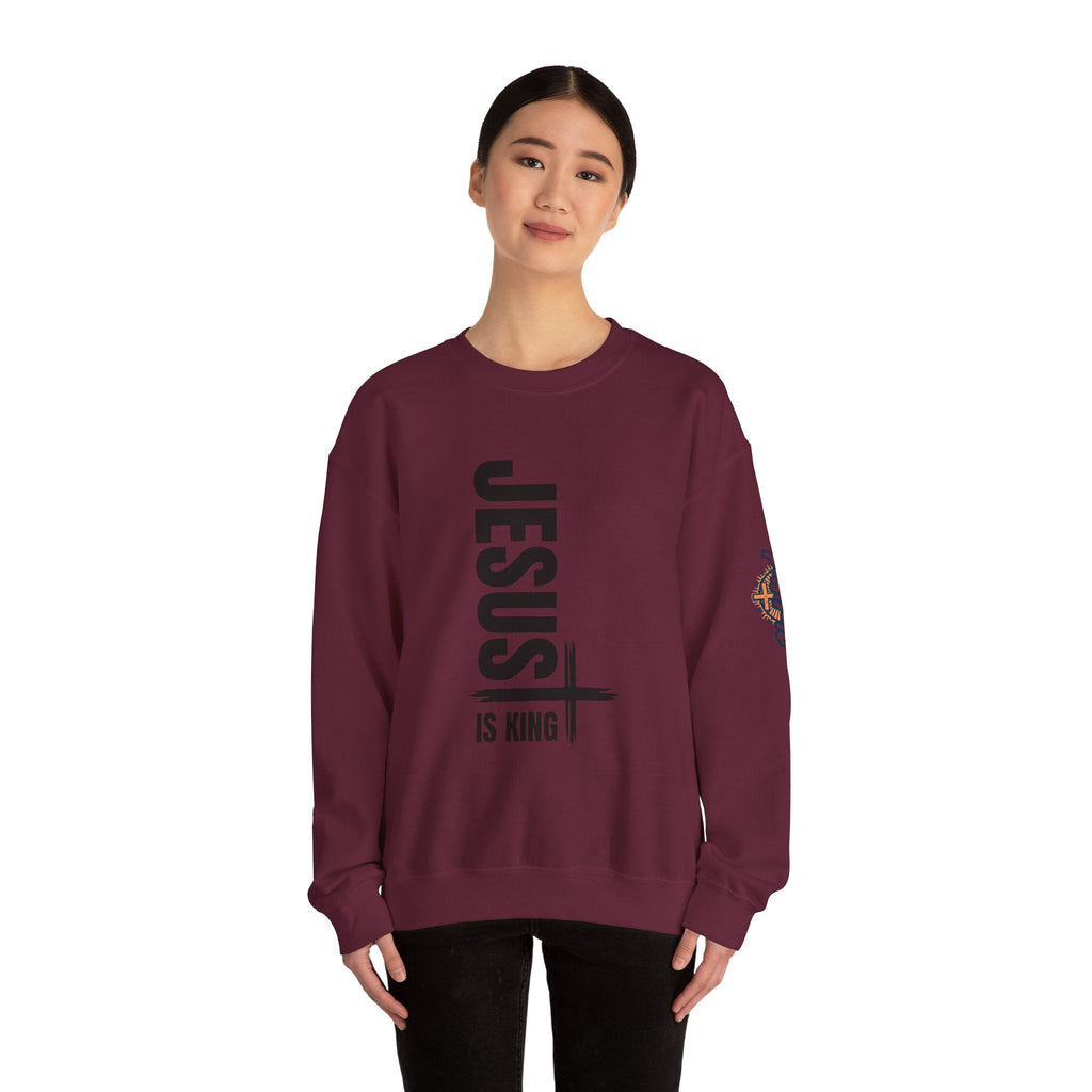 Jesus Is King Sweatshirt | Modern Typographic Cross Christian Sweatshirt Printify