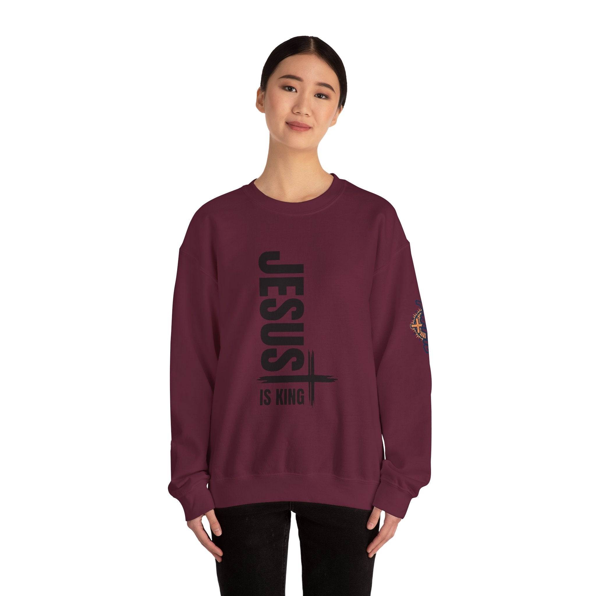 Jesus Is King Sweatshirt | Modern Typographic Cross Christian Sweatshirt Printify